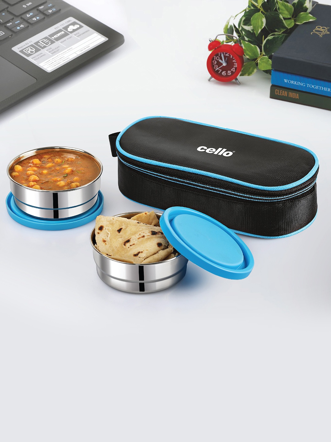

Cello Blue Set Of 2 Eco Bite Stainless Steel Leak Proof Lunch Box With Jacket 300 ml