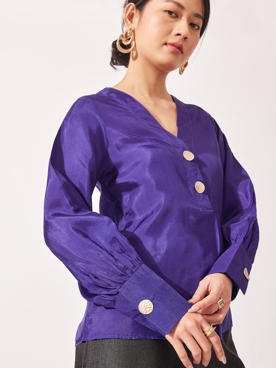 

The Label Life Purple Solid Button Satin Top