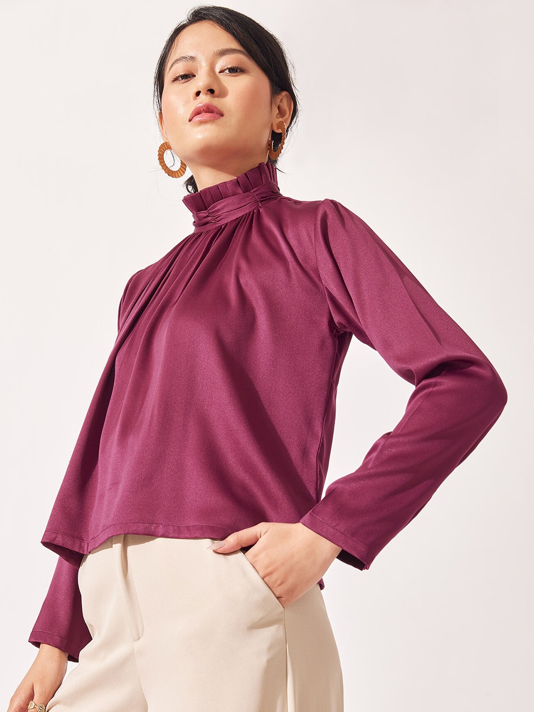 

The Label Life Mauve Solid High Neck Satin Top