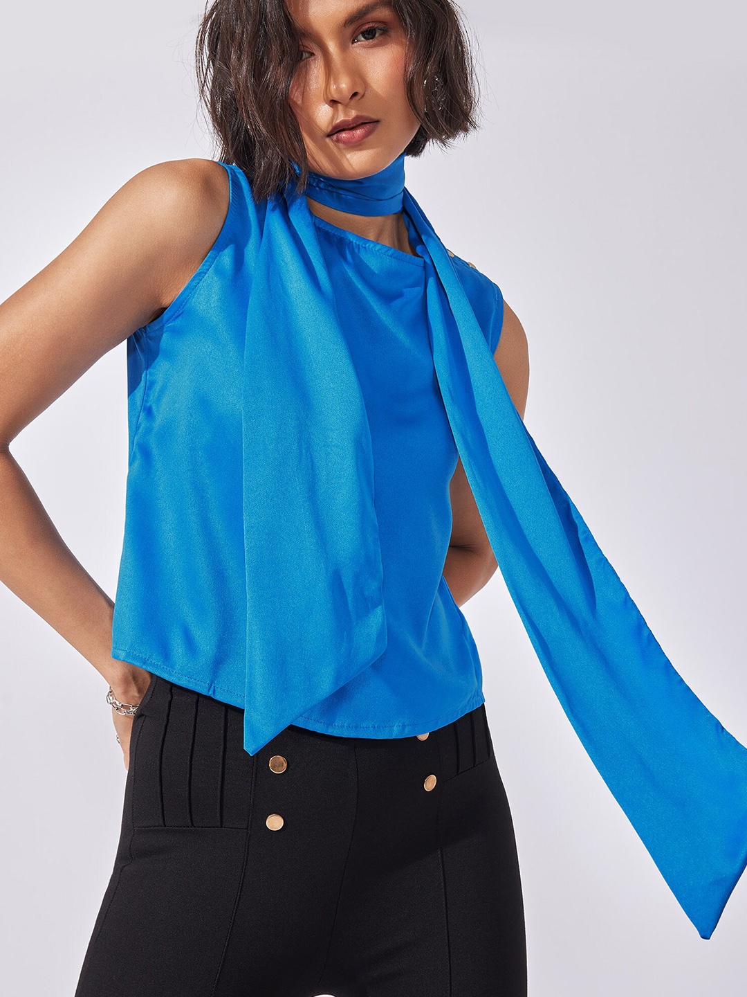 

The Label Life Blue Tie-Up Neck Satin Top