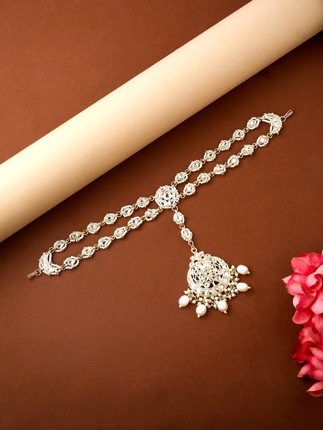 

VIRAASI Gold-Plated White Kundan Studded Wedding Sheeshphool, Grey
