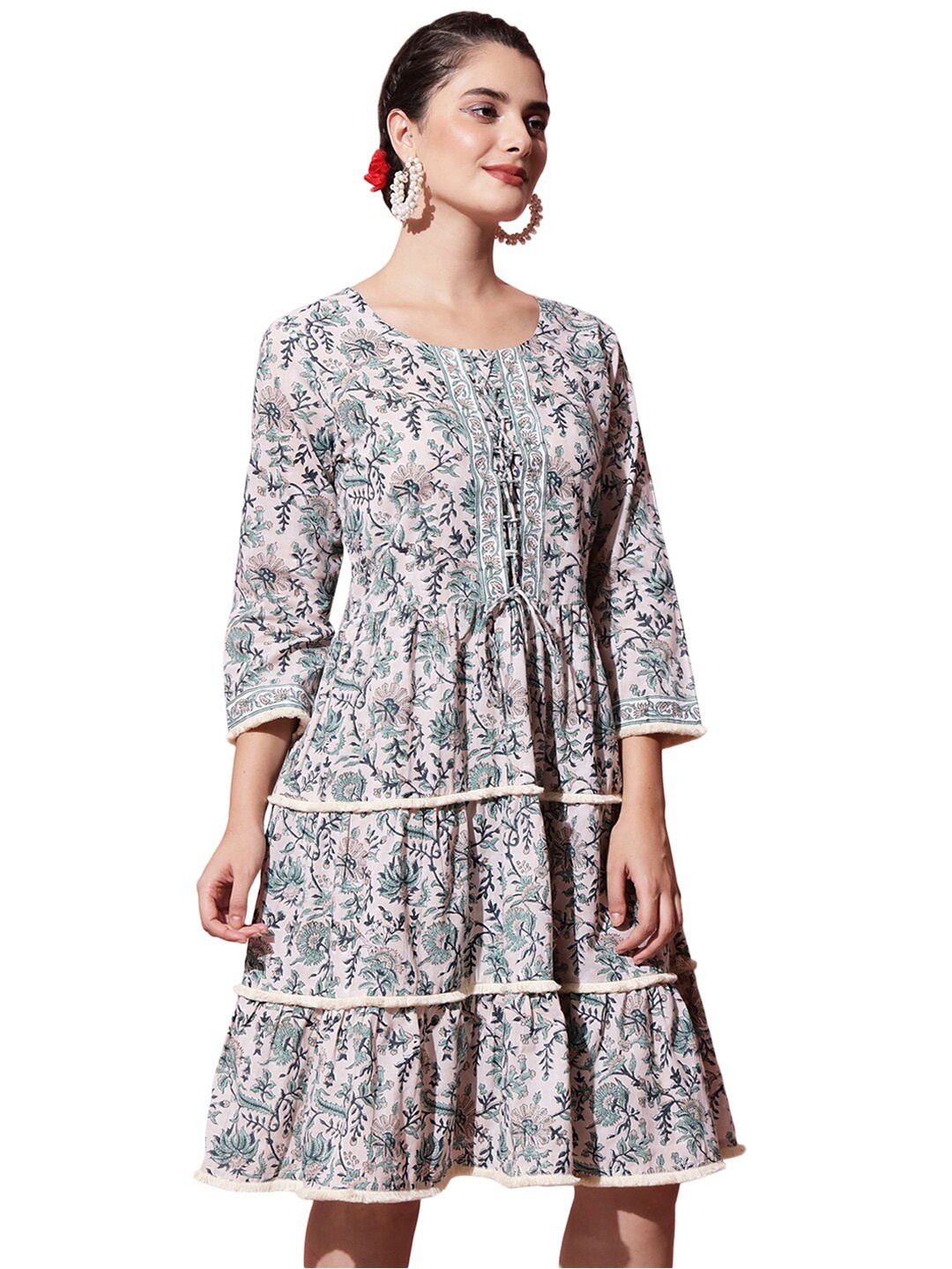 

AMIRAS INDIAN ETHNIC WEAR Women Off-white & Green Ethnic Printed A-Line Cotton Dress