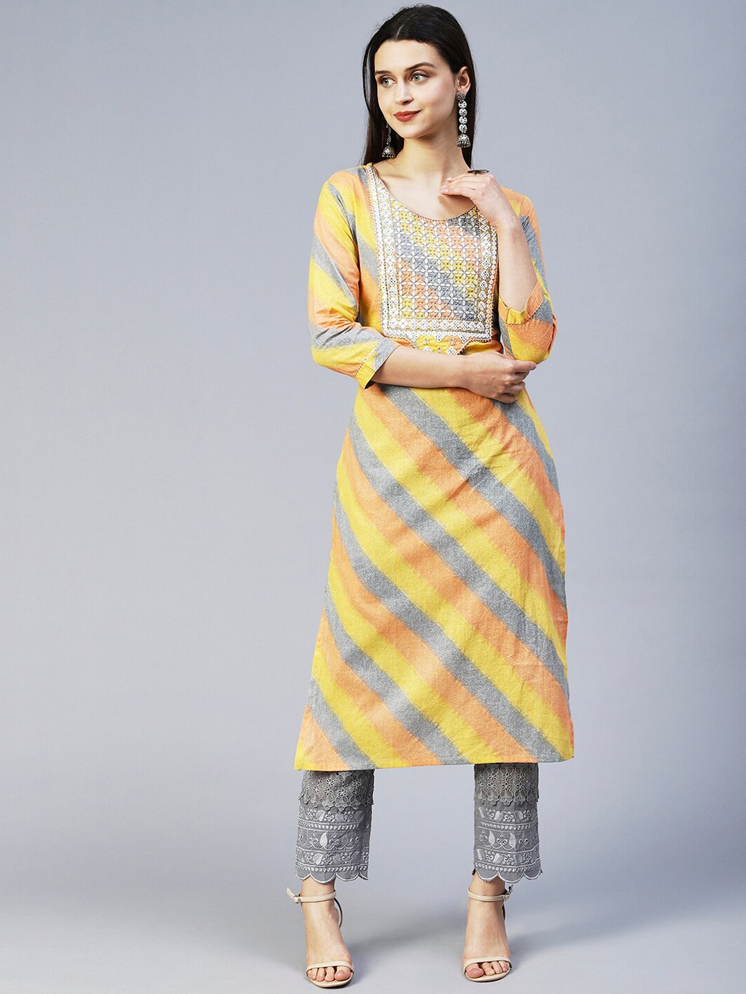

FASHOR Yoke Design Mirror Work Cotton Kurta, Yellow