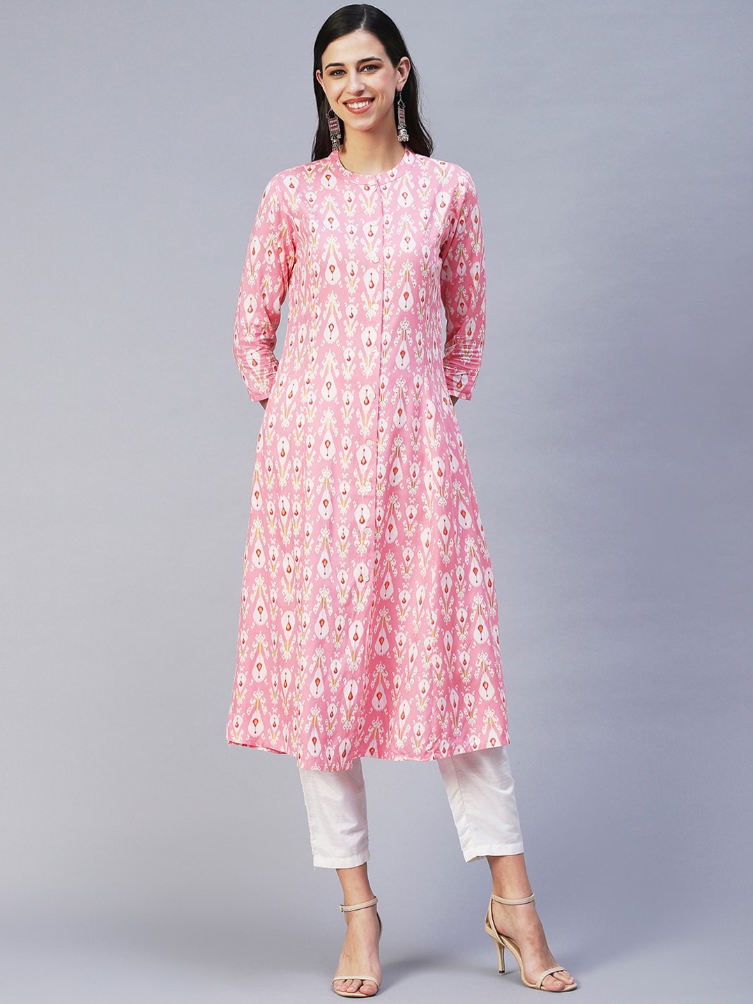 

FASHOR Women Pink Printed Mandarin collar Kurta