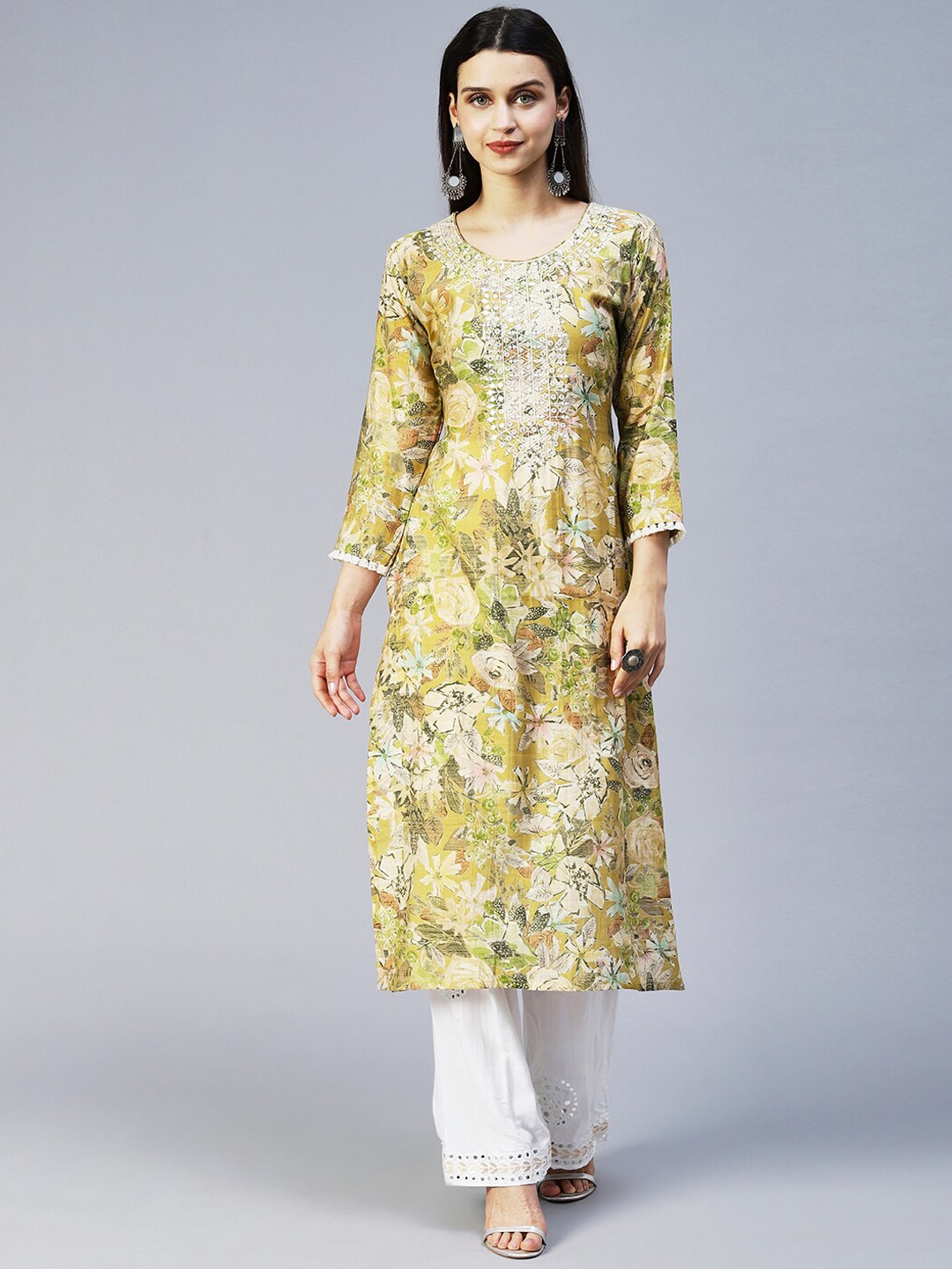 

FASHOR Women Green Floral Printed Floral Crepe Kurta