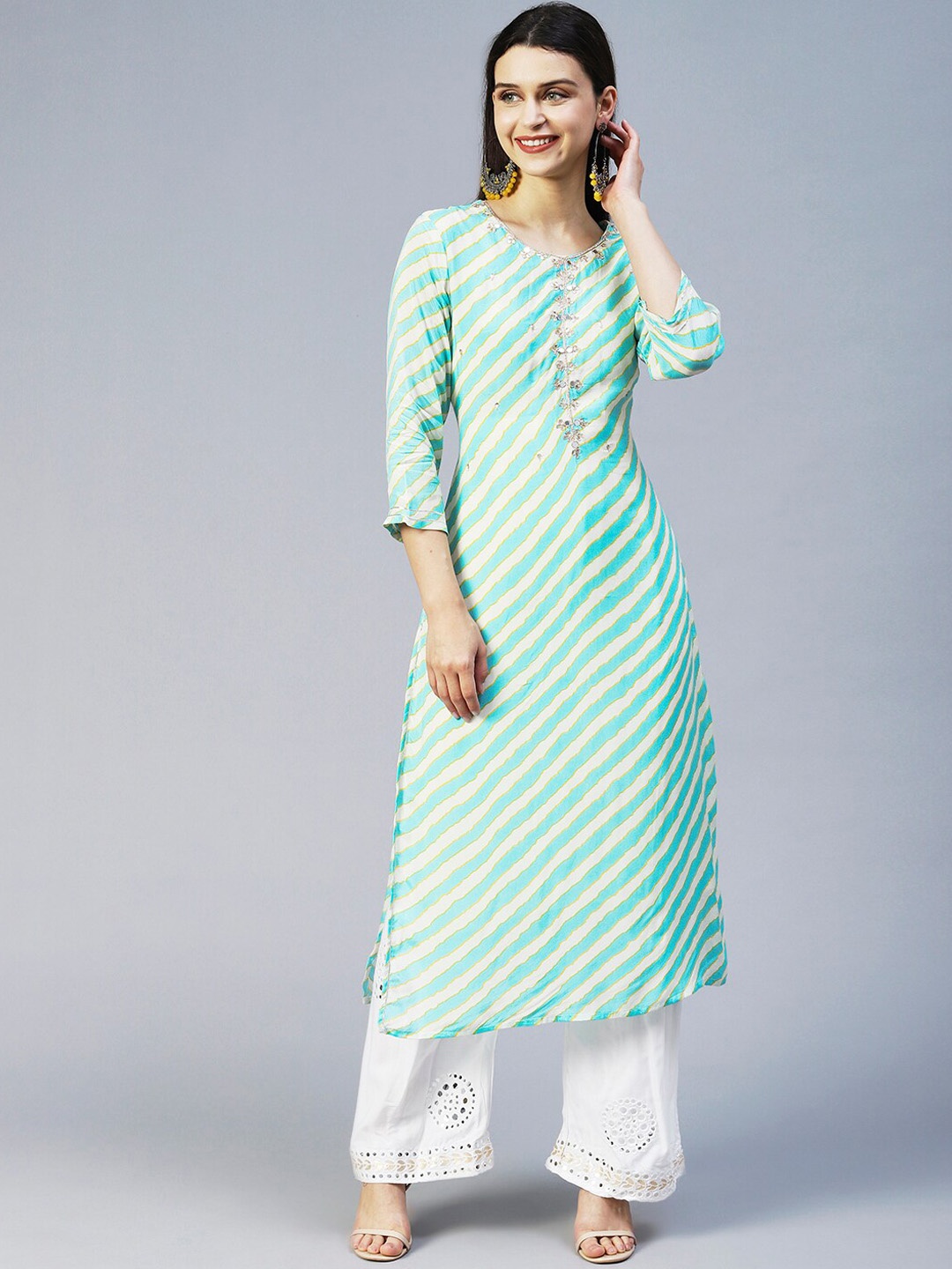

FASHOR Women Turquoise Blue & Off White Striped Gotta Patti Kurta