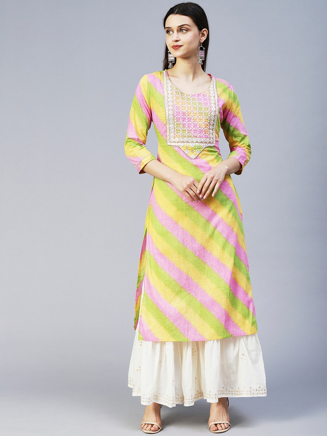

FASHOR Women Pink & Yellow Striped Mirror Work Cotton Kurta