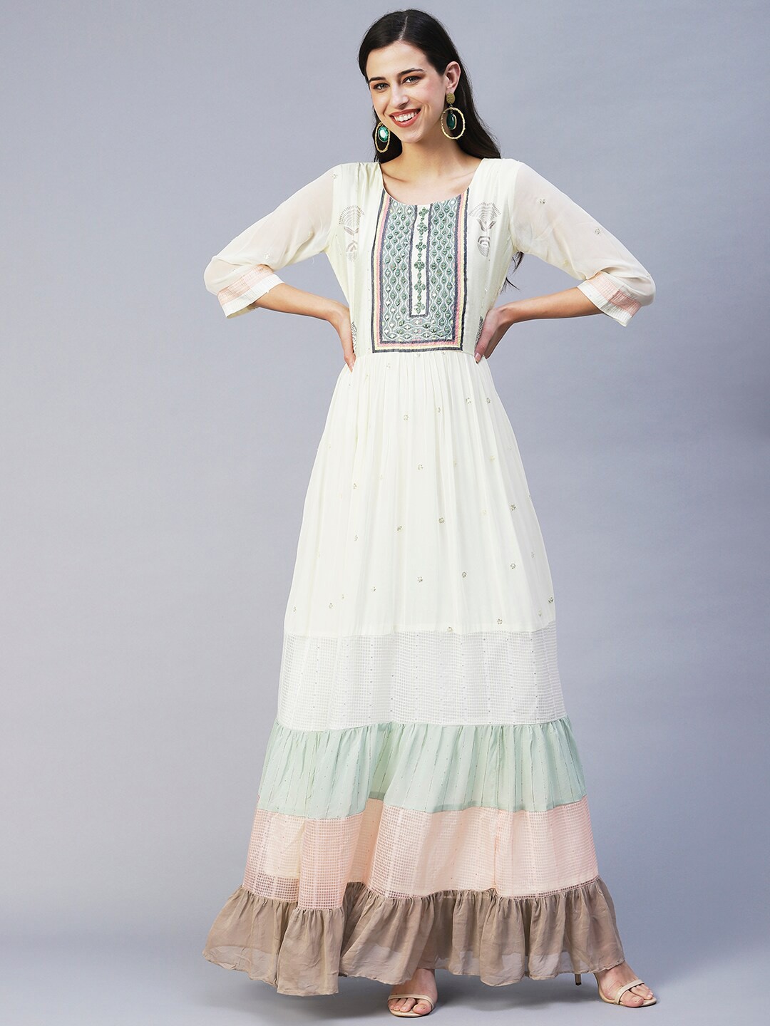 

FASHOR Embroidered Round Neck Maxi Dress, Cream