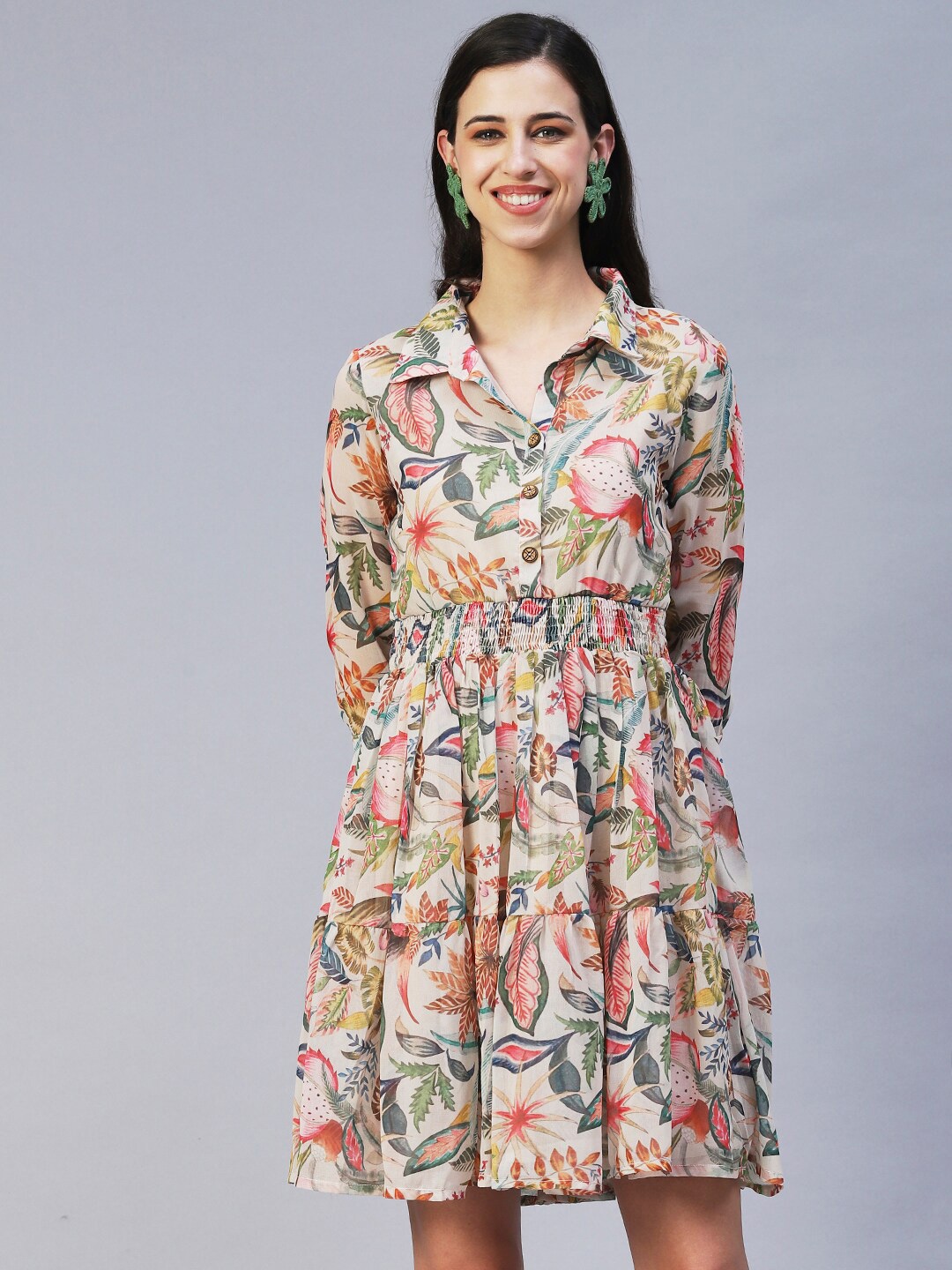 

FASHOR Women Beige Tropical Fit And Flare Dress