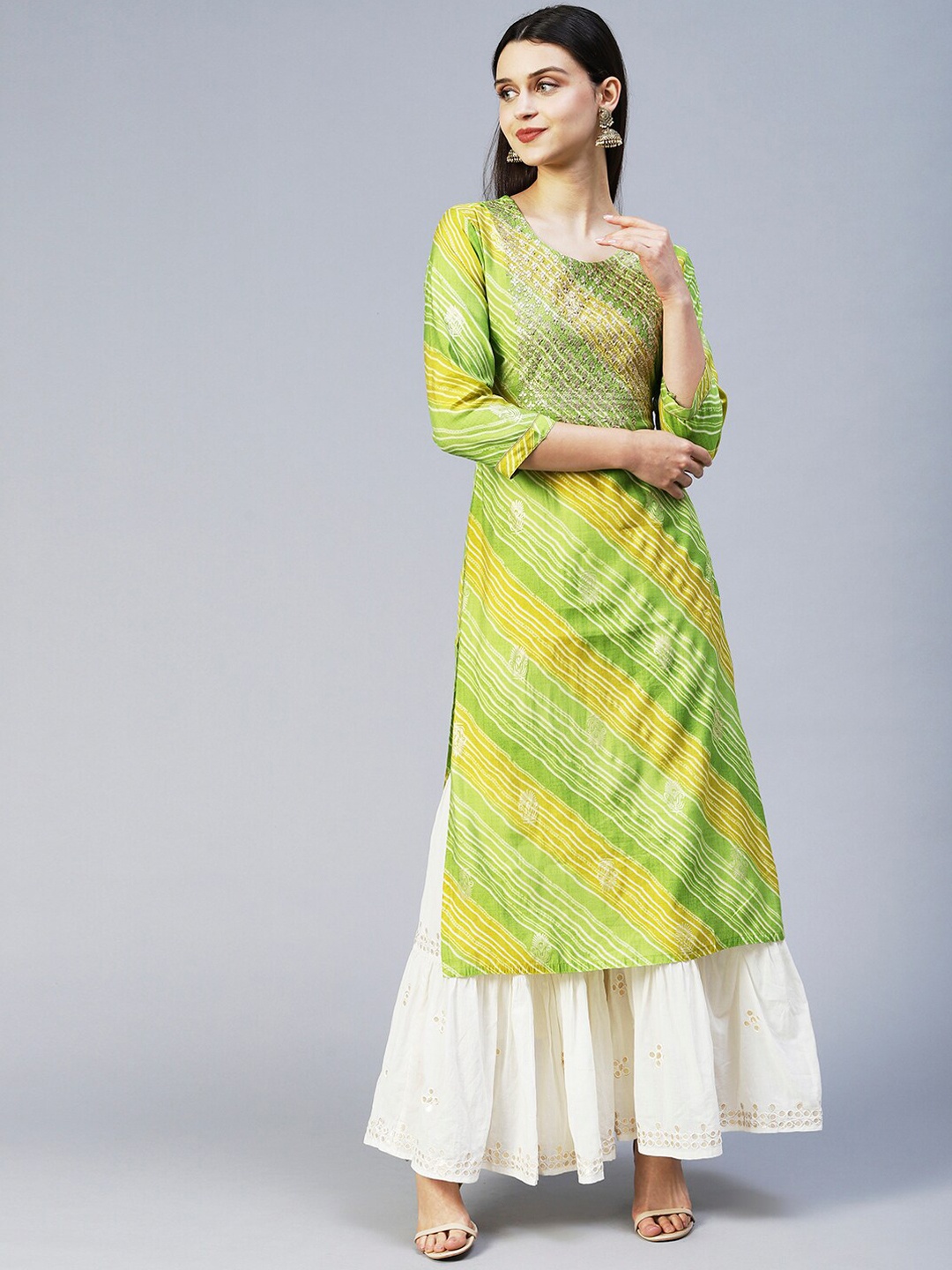 

FASHOR Women Striped Silk Kurta, Green