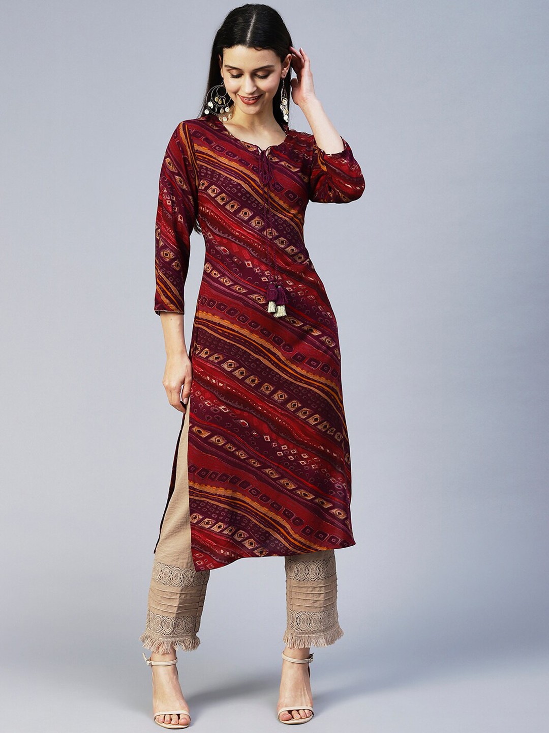 

FASHOR Round Neck Ethnic Printed Straight Fit Kurta, Purple