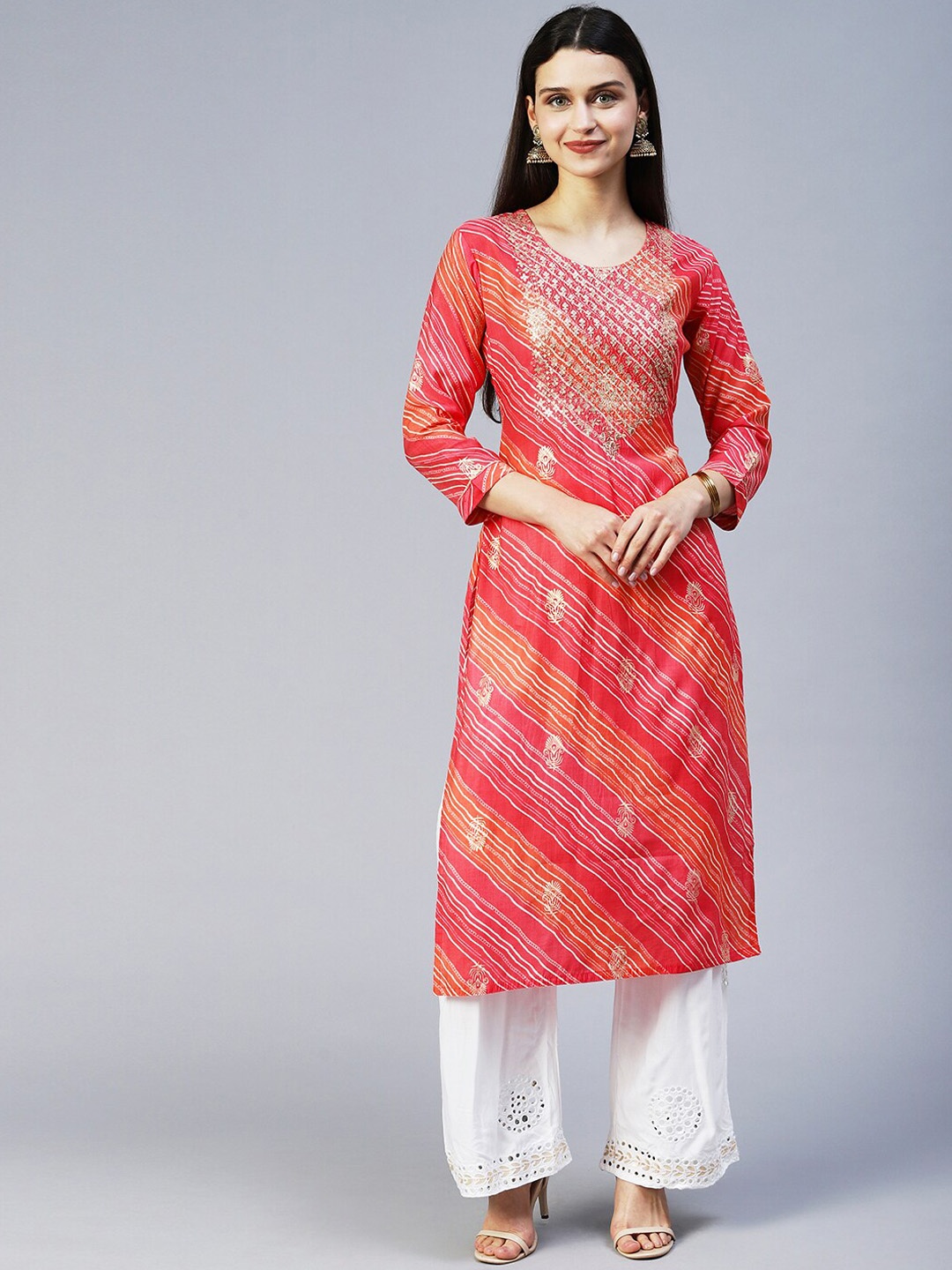 

FASHOR Round Neck Embroidered Straight Fit Silk Kurta, Pink