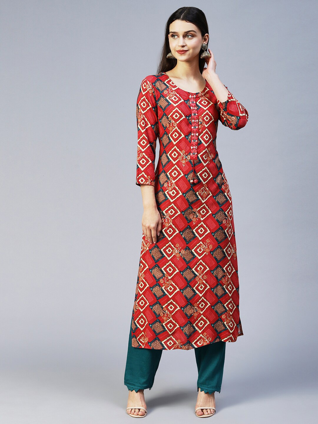 

FASHOR Ethnic Motifs Printed Thread Work Kurta, Red