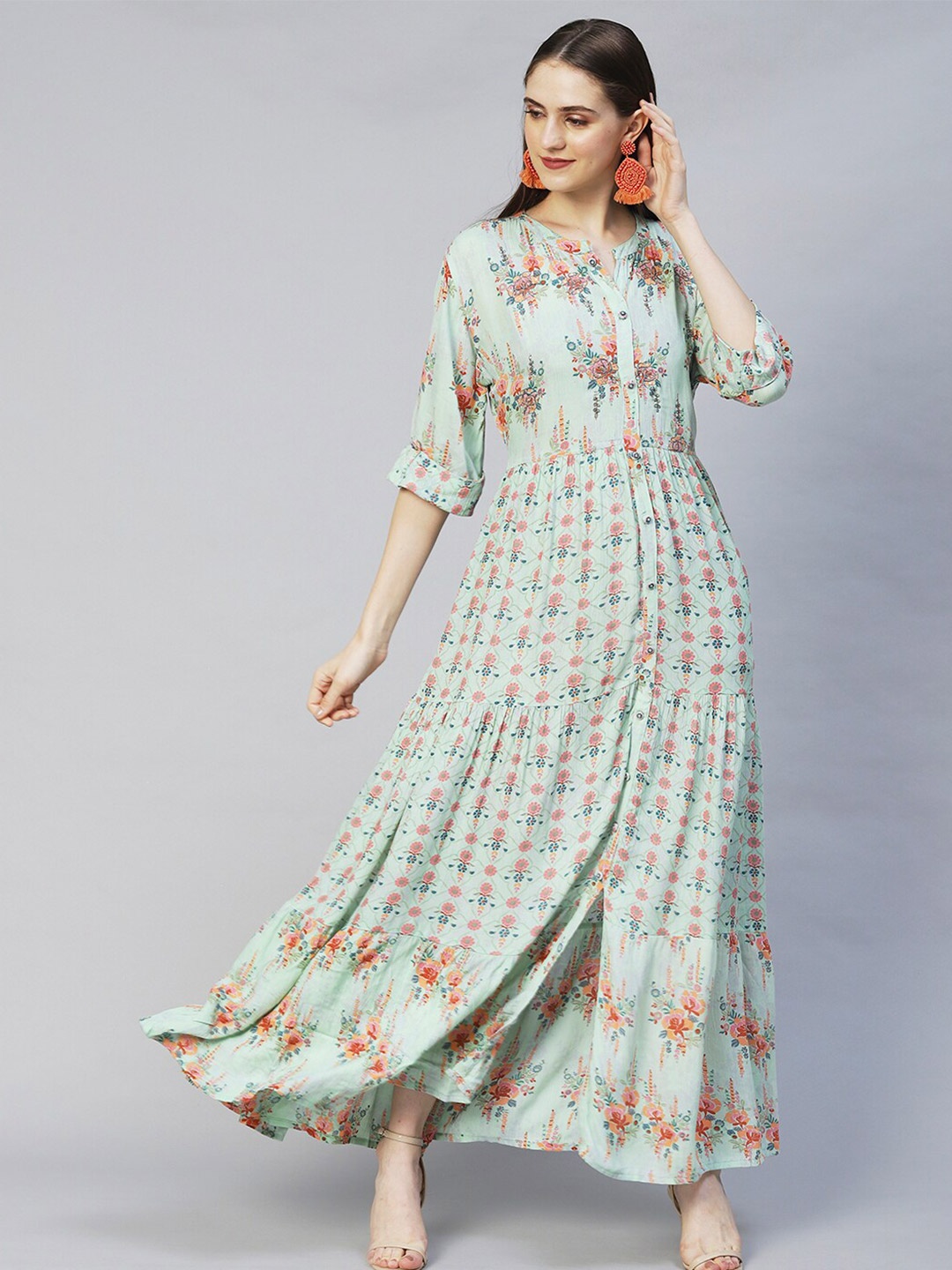 

FASHOR Women Green Floral Maxi Cotton Dress