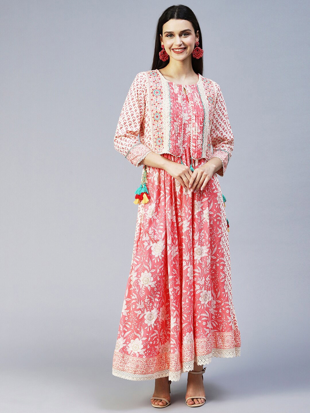 

FASHOR Women Pack Of 2 Peach & Cream Floral Maxi Dress