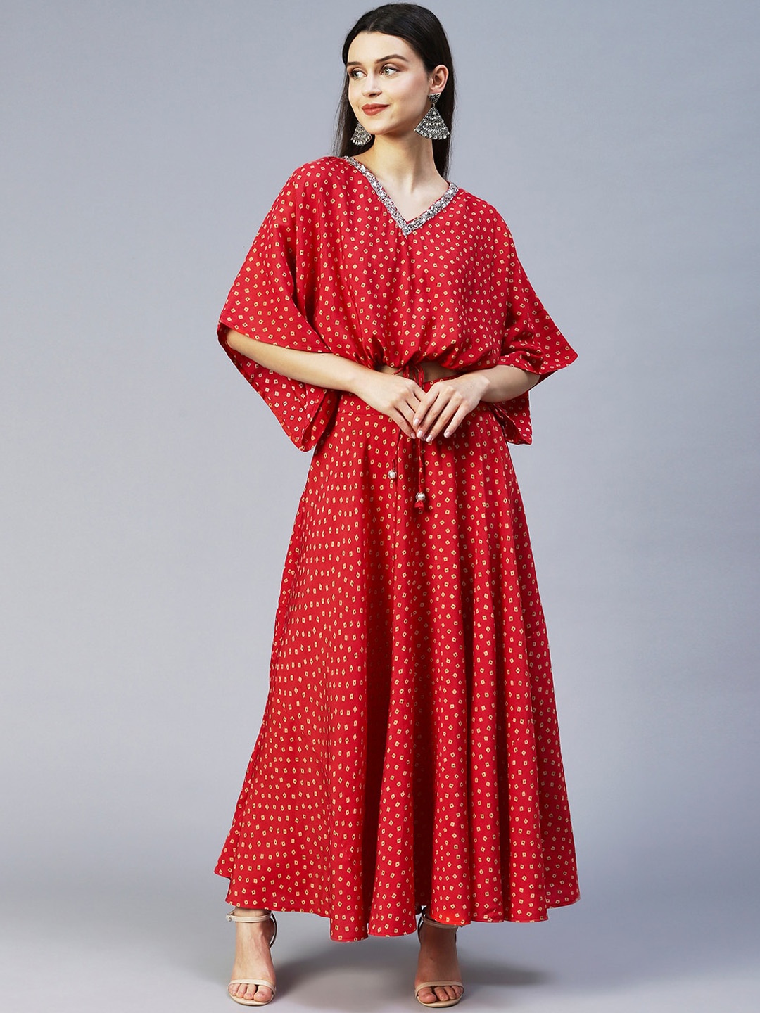 

FASHOR Women Red Bandhani Printed & Ethnic Embroidered Co-ord Set