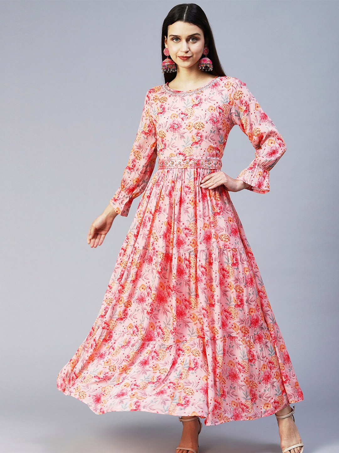 

FASHOR Women Pink Floral Chiffon Maxi Dress
