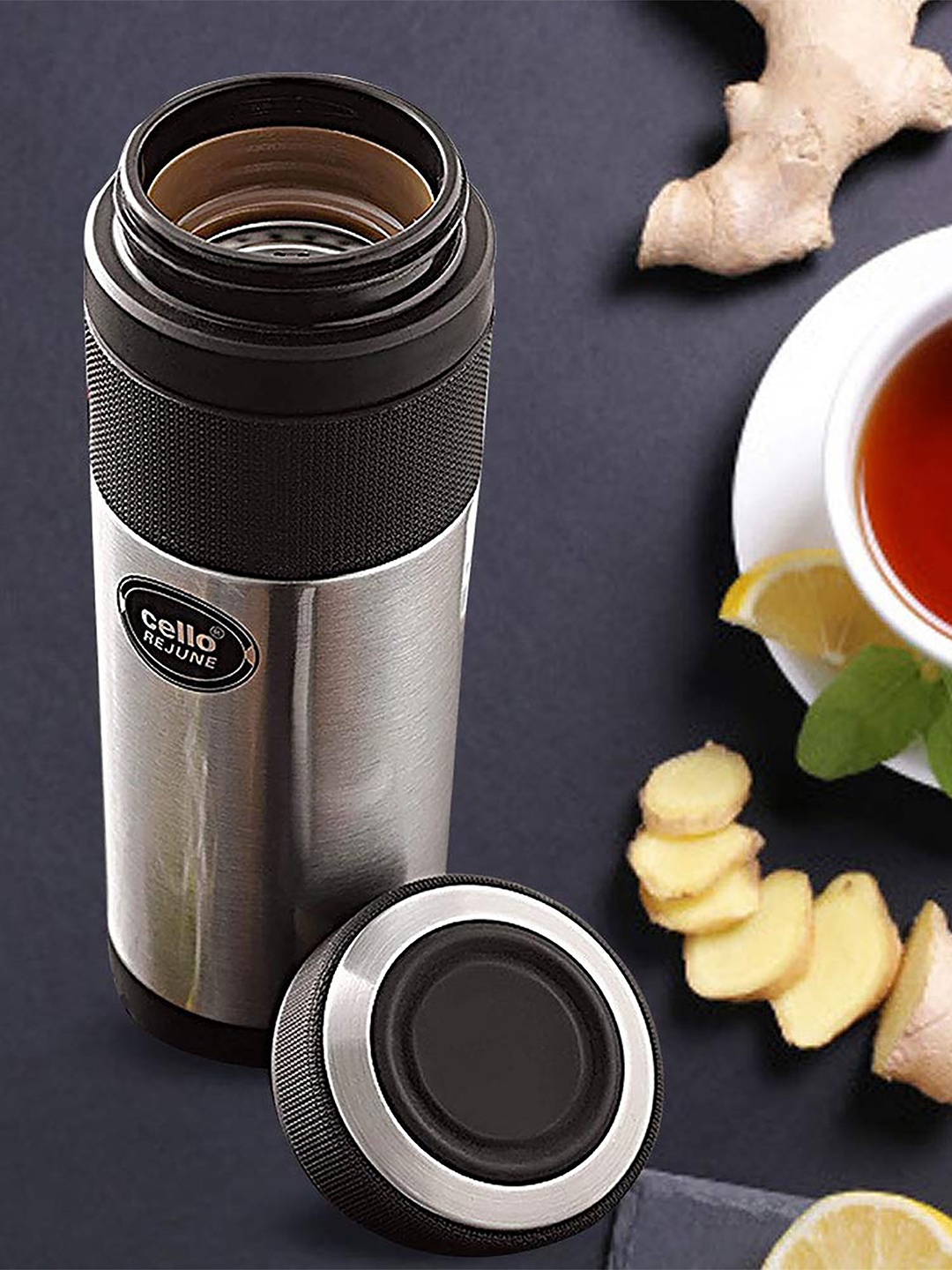 

Cello Silver-Toned & Black Rejune Stainless Steel Flask with Detachable Infuser 360ml
