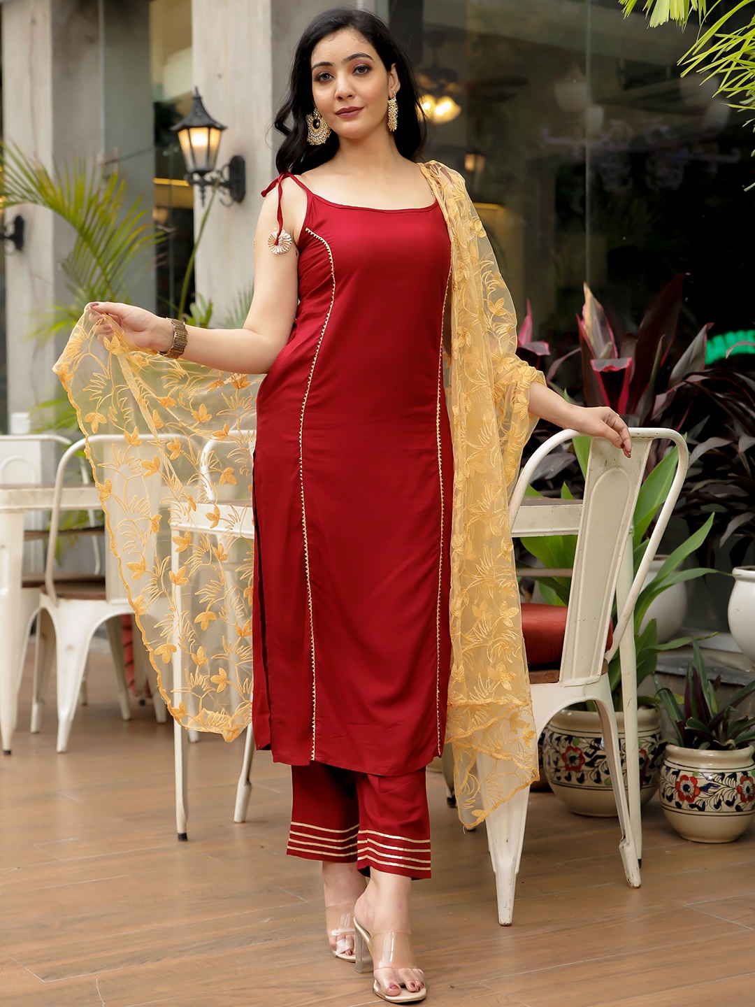 

Indi INSIDE Women Maroon Gotta Patti Kurta with Trousers & With Dupatta