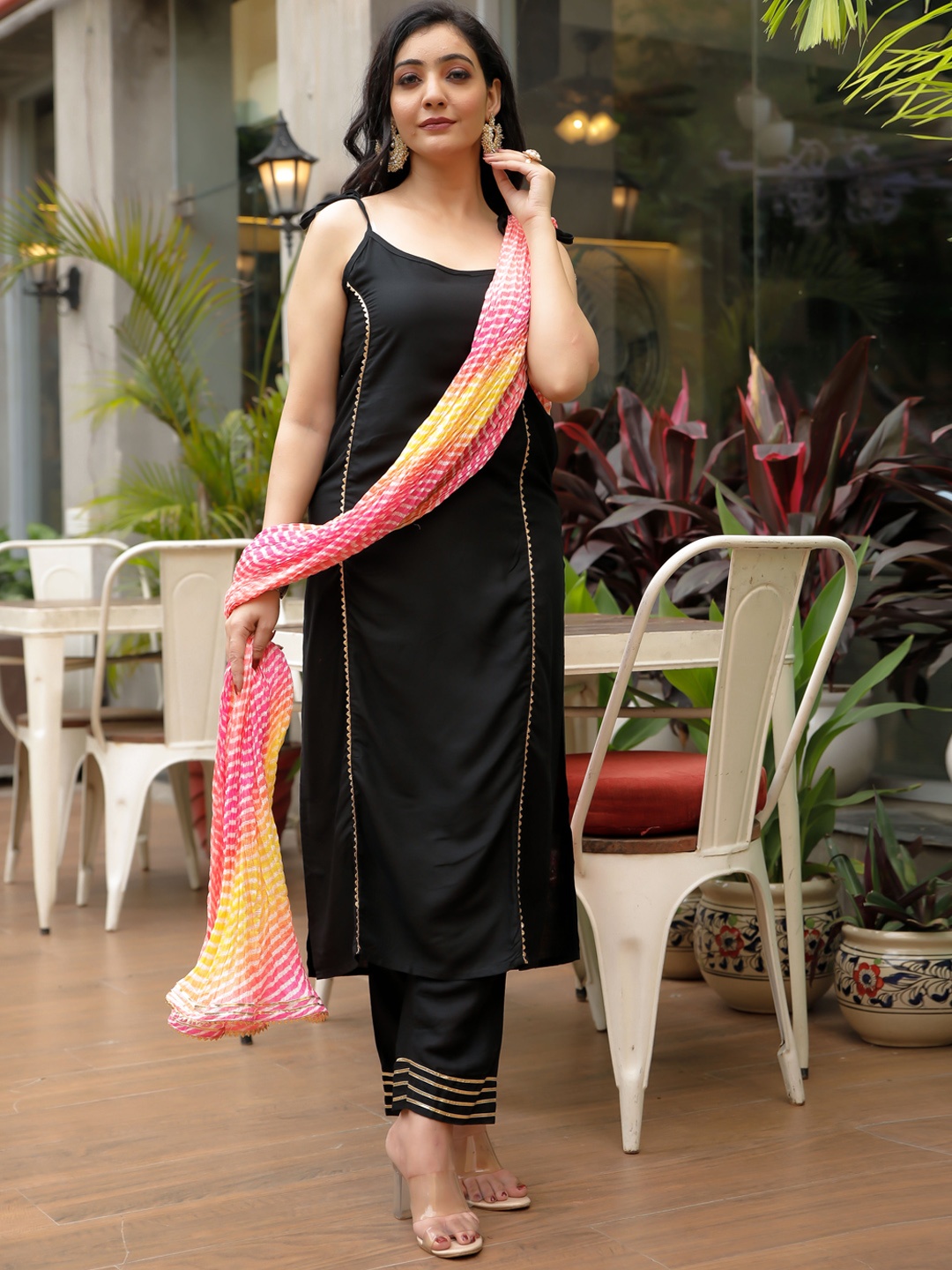 

Indi INSIDE Women Black Panelled Gotta Patti Kurta with Trousers & With Dupatta