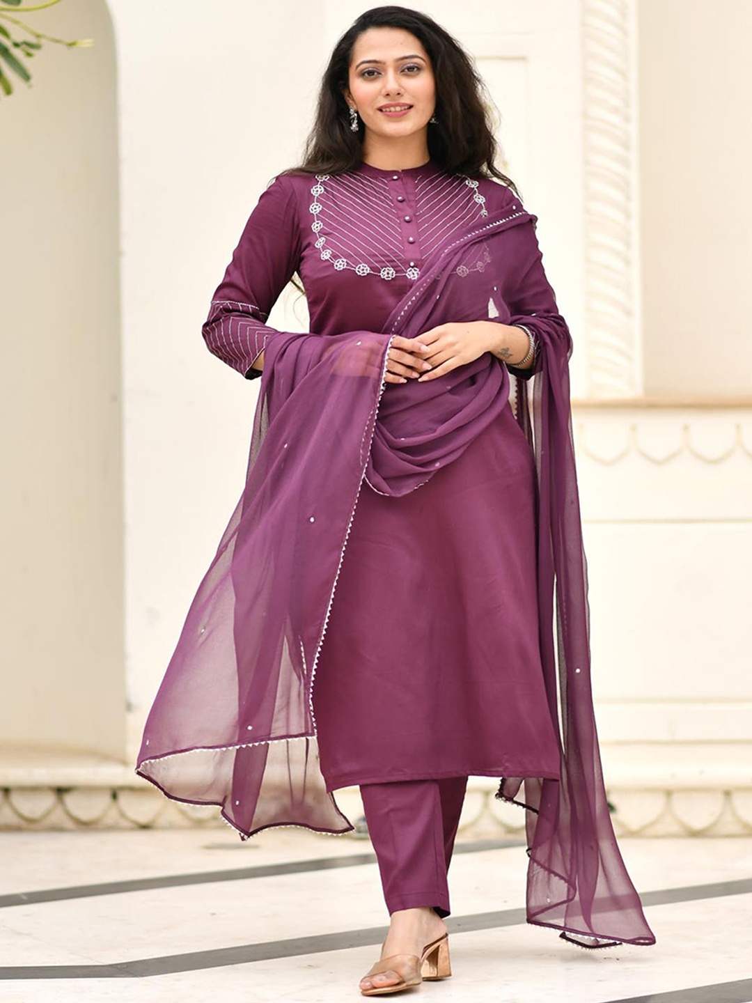 

Aaheli Women Purple Yoke Design Pure Cotton Kurta with Trousers & With Dupatta