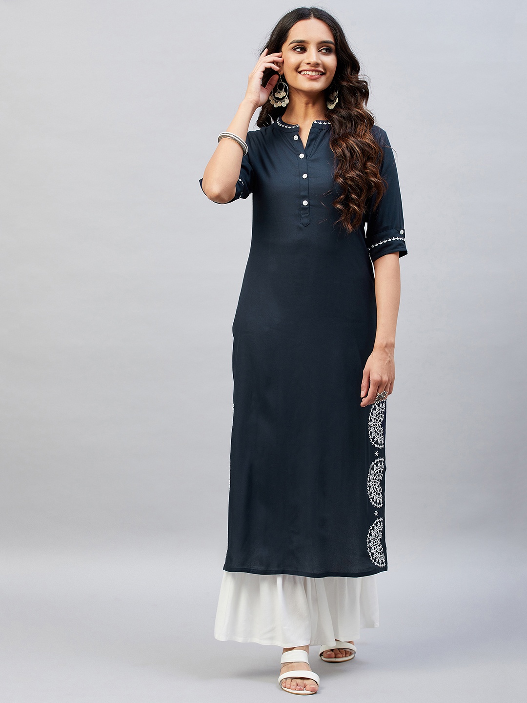 

Aaheli Women Blue Ethnic Motifs Embroidered Thread Work Kurta with Sharara