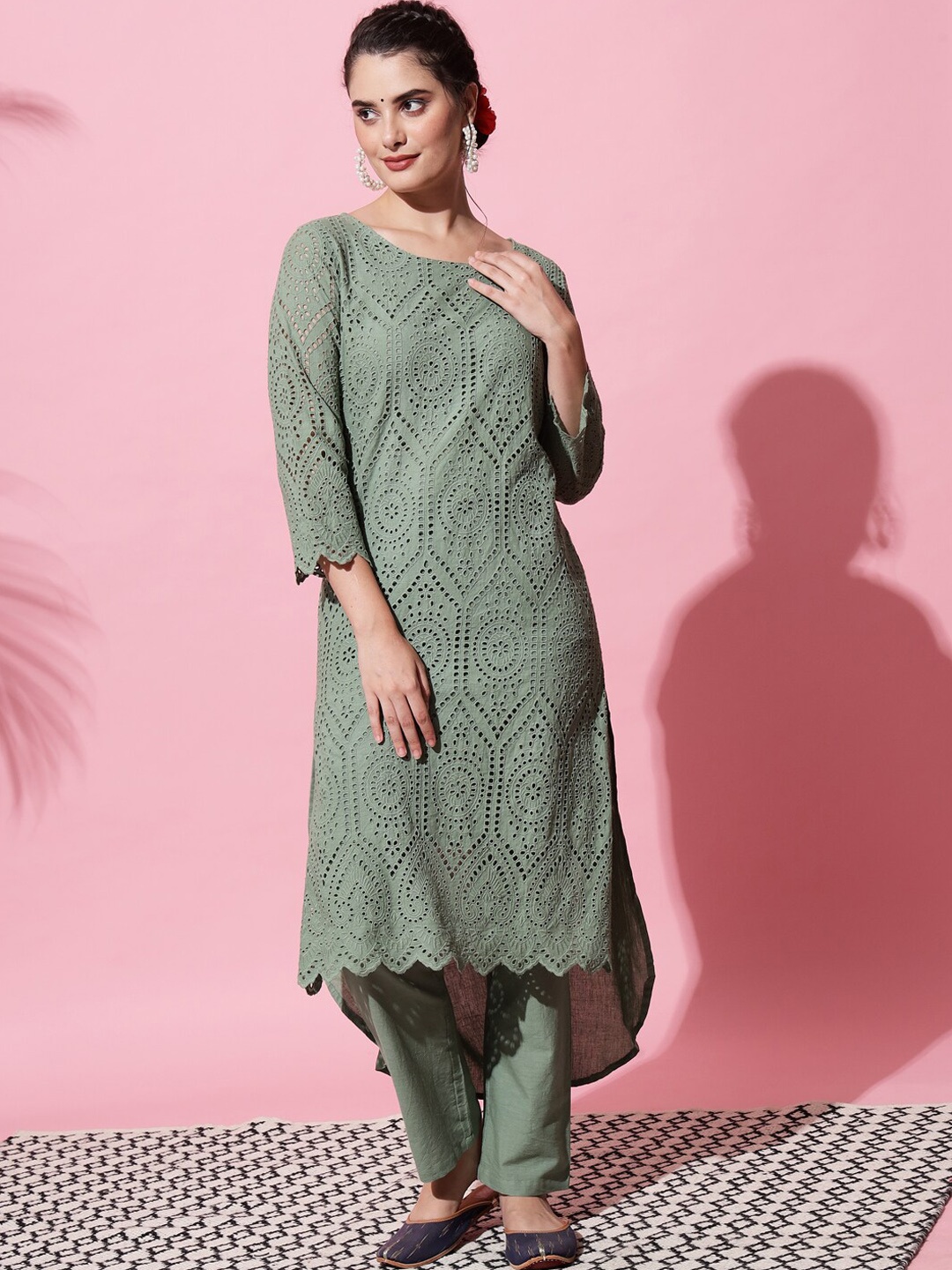 

AMIRAS INDIAN ETHNIC WEAR Women Olive Green Embroidered Pure Cotton Kurta Set