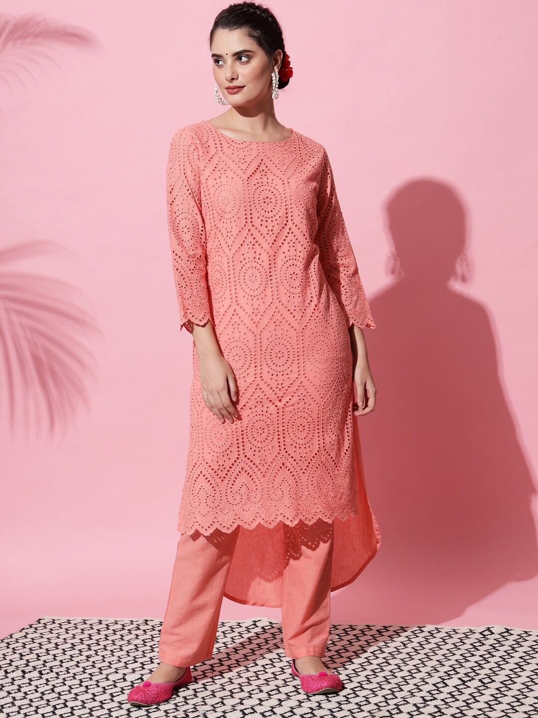 

AMIRAS INDIAN ETHNIC WEAR Women Peach-Coloured Embroidered Pure Cotton Kurta Set
