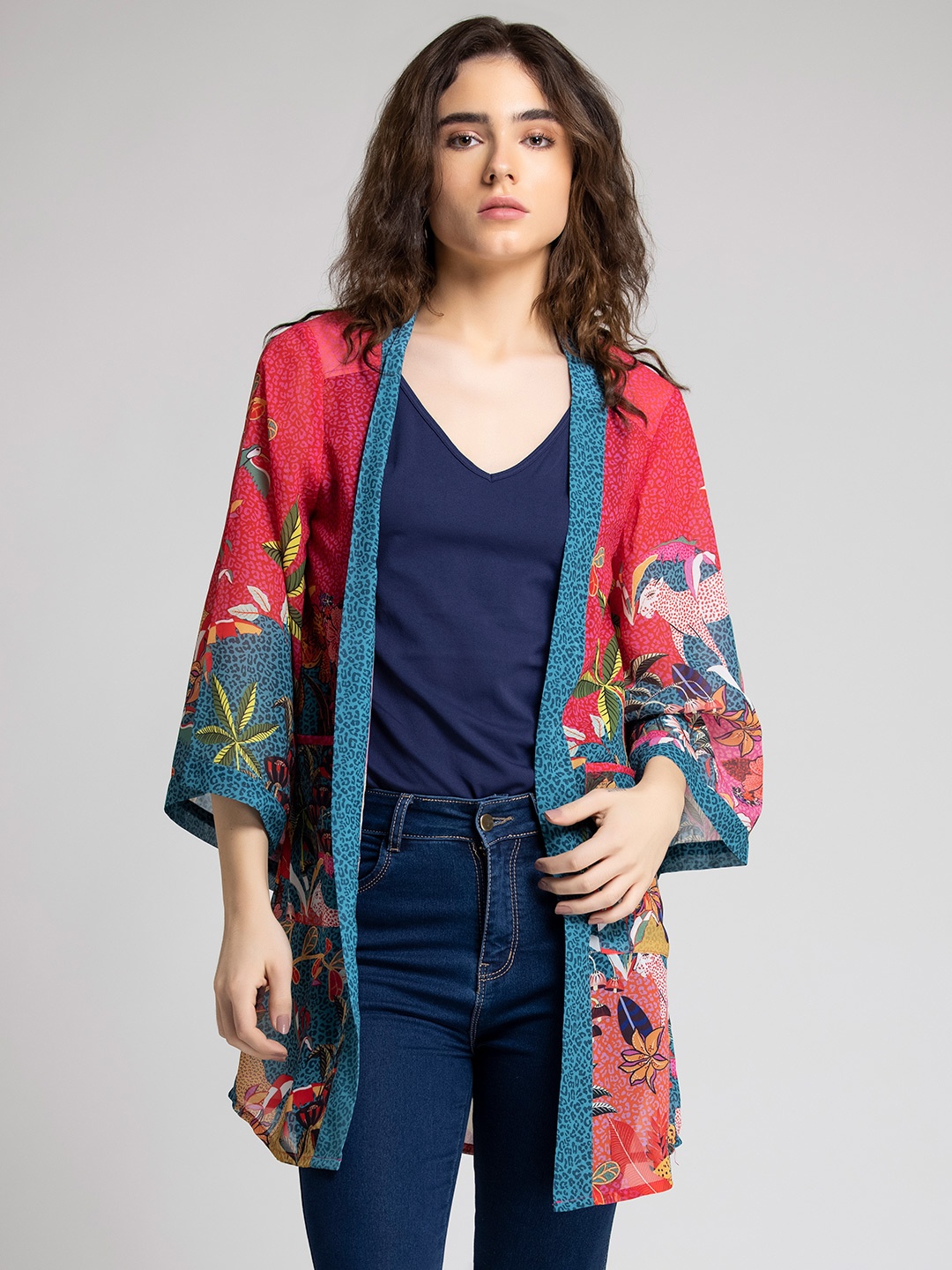 

SHAYE Women Pink & Blue Printed Longline Shrug