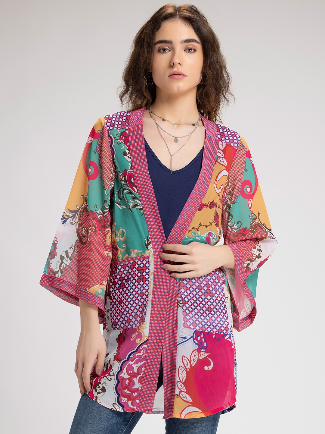 

SHAYE Women White & Green Printed Longline Shrug