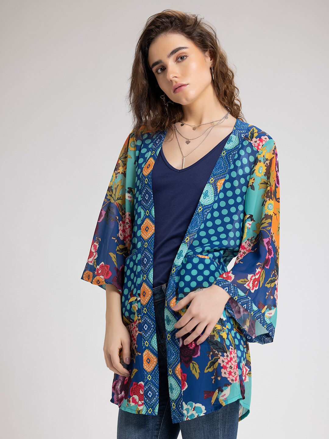 

SHAYE Women Blue & Orange Conversational Printed Longline Shrug