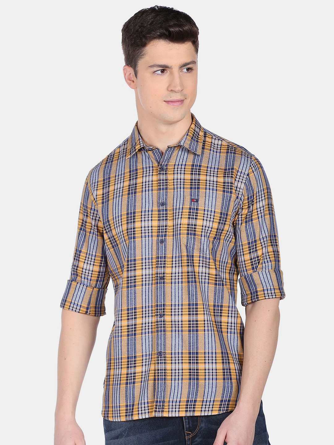 

AD By Arvind Men Mustard Slim Fit Tartan Checks Pure Cotton Casual Shirt