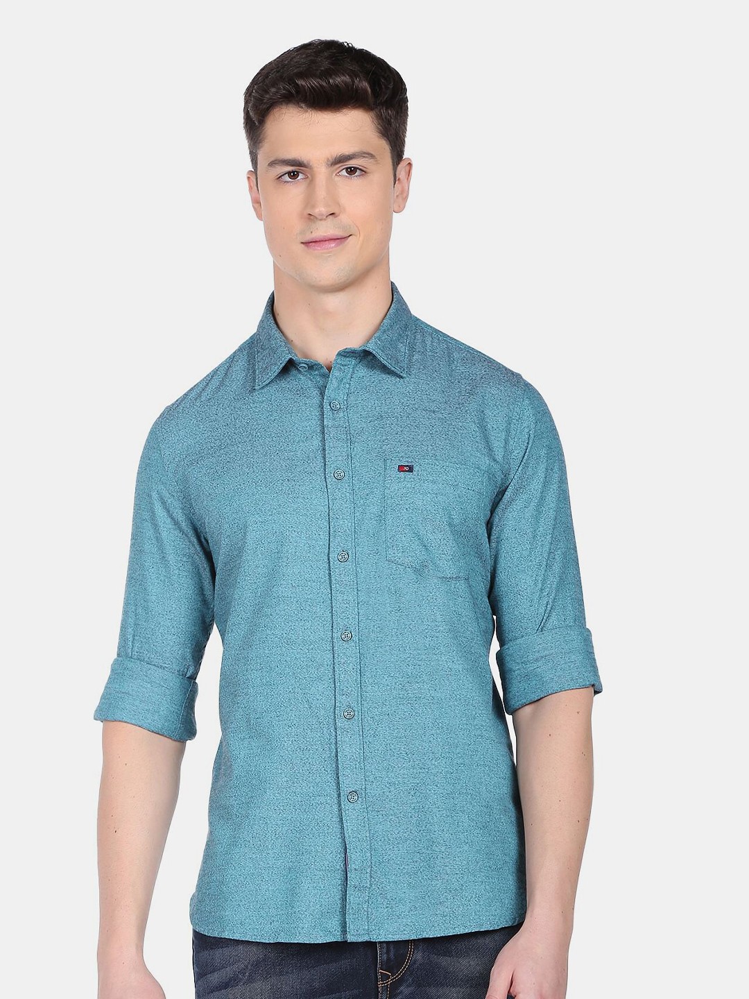 

AD By Arvind Men Teal Blue Slim Fit Pure Cotton Casual Shirt