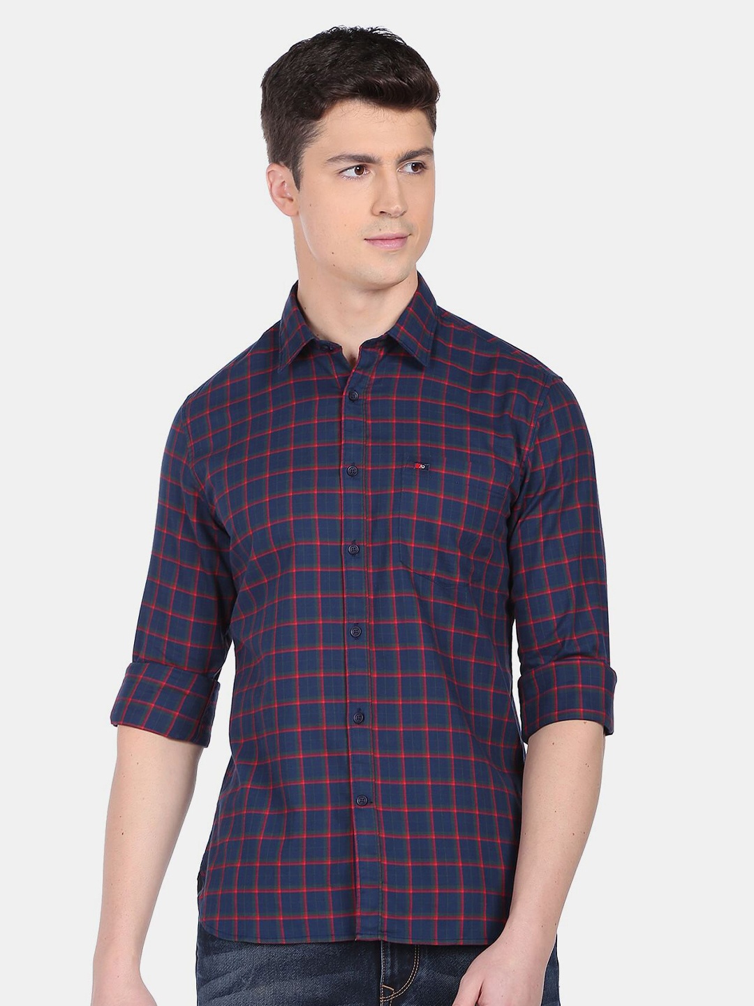 

AD By Arvind Men Slim Fit Grid Tattersall Checks Pure Cotton Casual Shirt, Navy blue