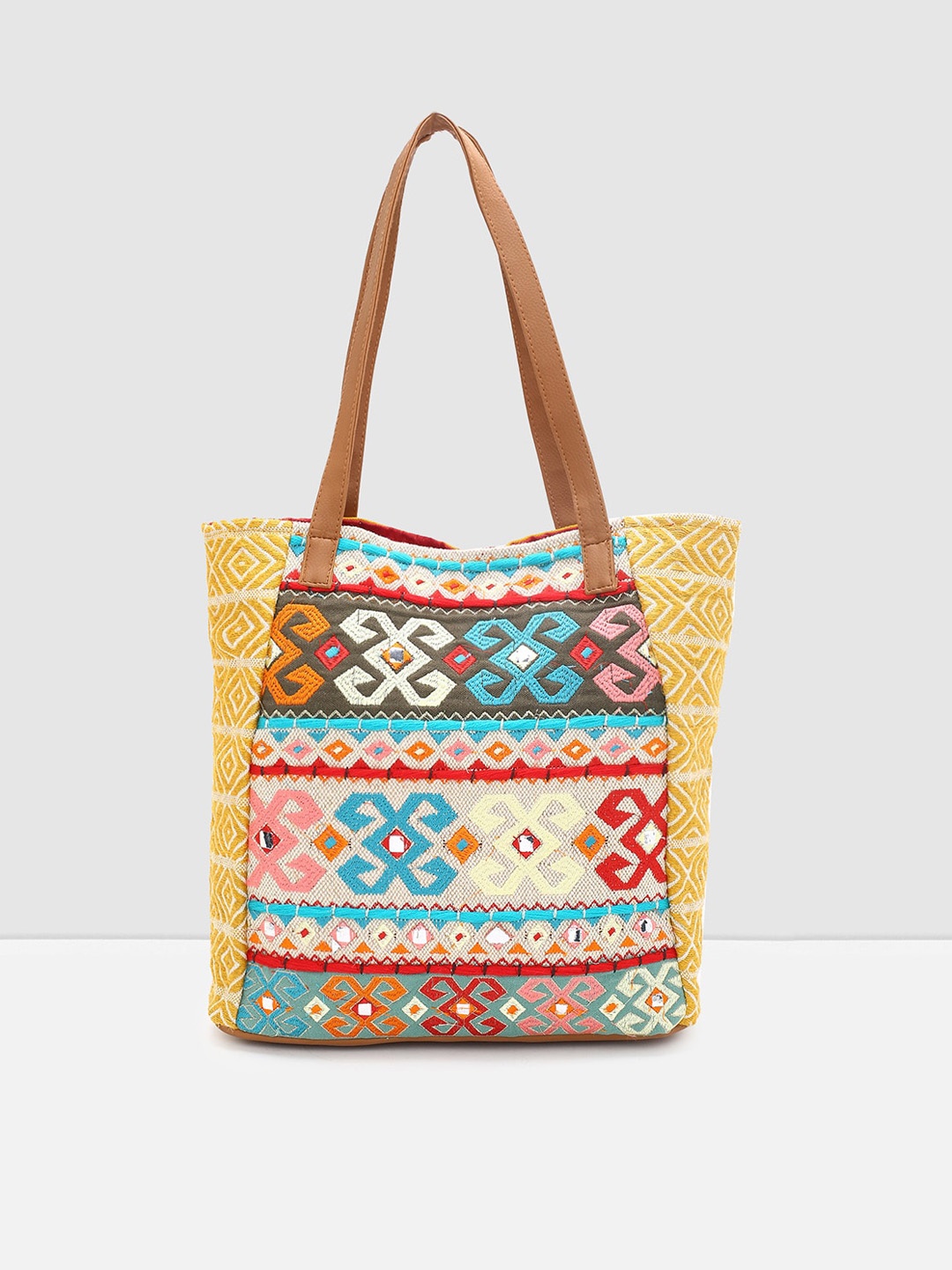 

max Women Mustard Yellow Geometric Shopper Tote Bag