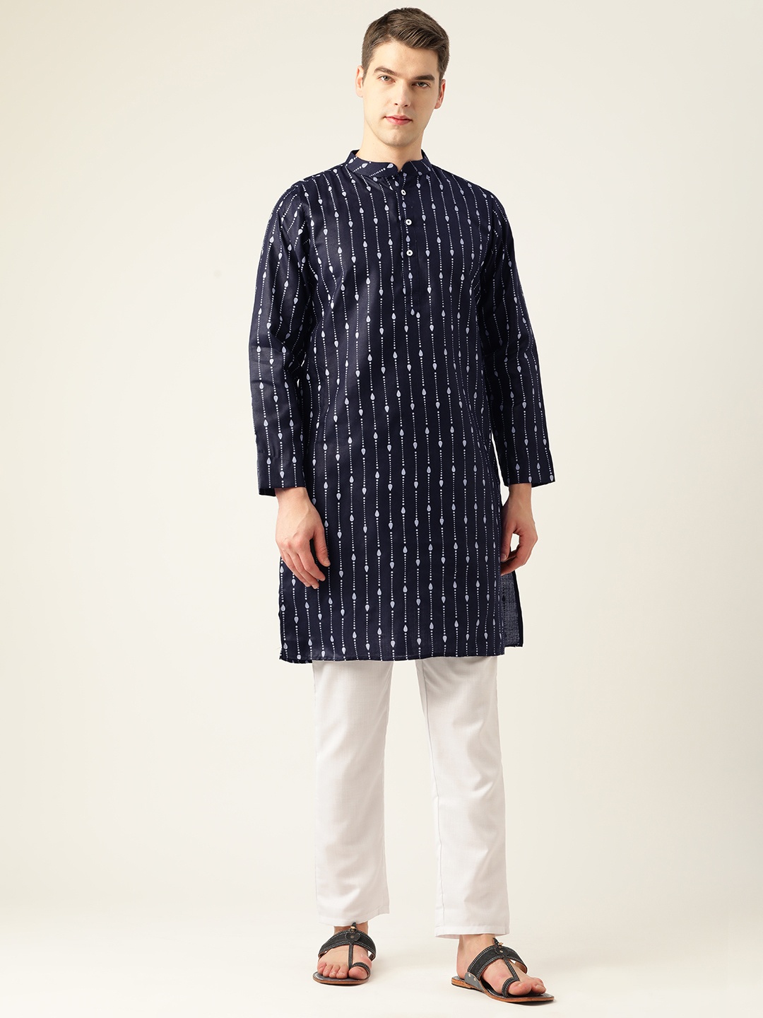 

Molly & Michel Men Navy Blue Pure Cotton Printed Kurta with Pyjamas
