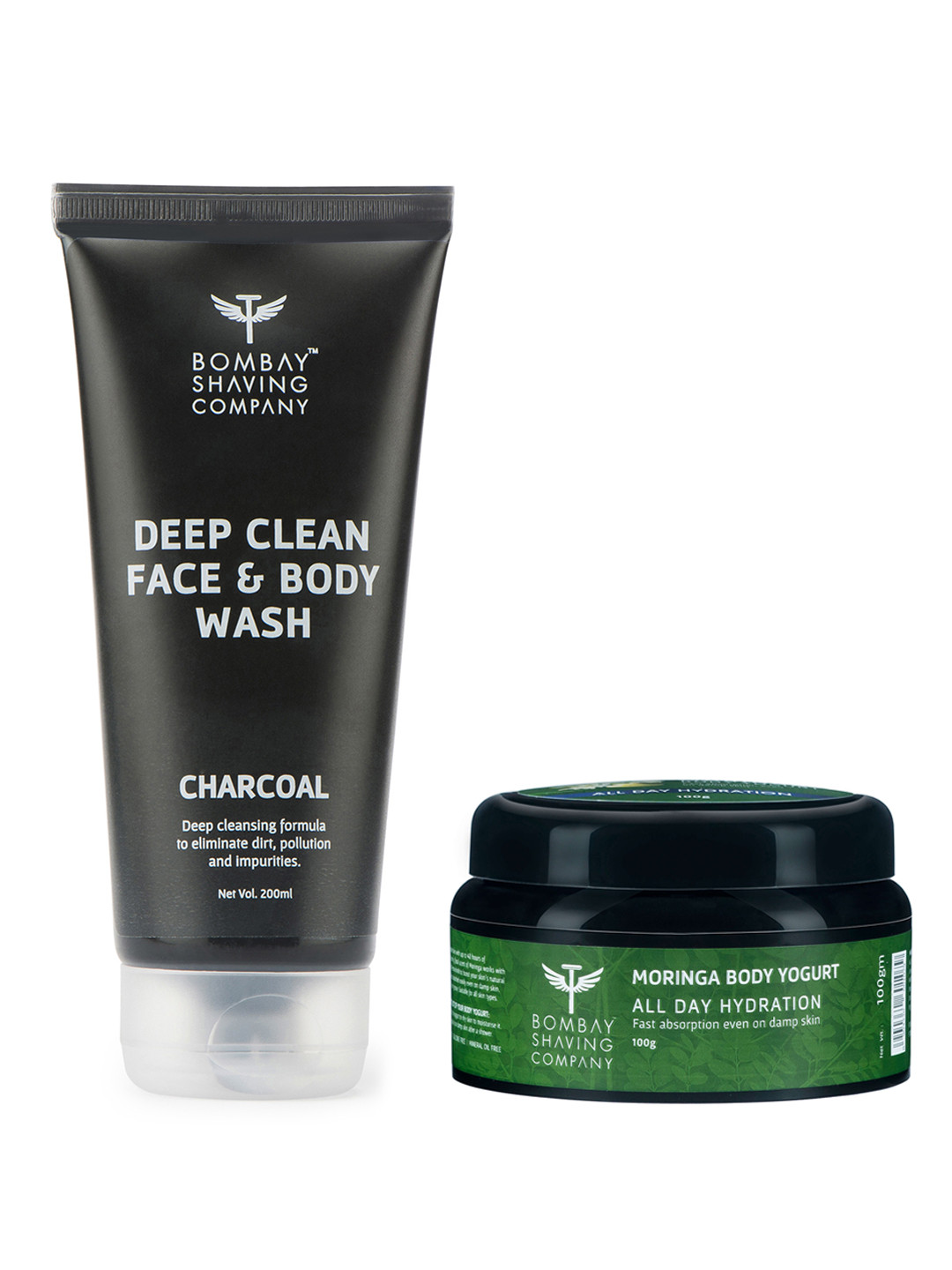 

Bombay Shaving Company Set of Charcoal Face & Body Wash 200ml + Moringa Body Yogurt 100g, Green