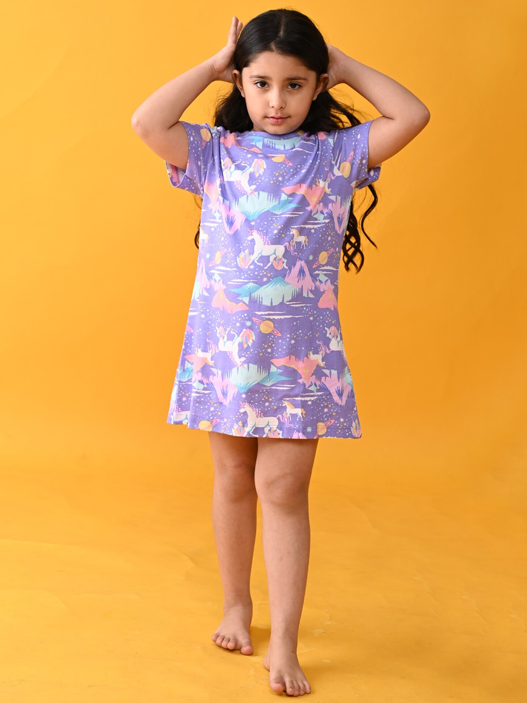 

Anthrilo Girls Purple Printed Pure Cotton Nightdress