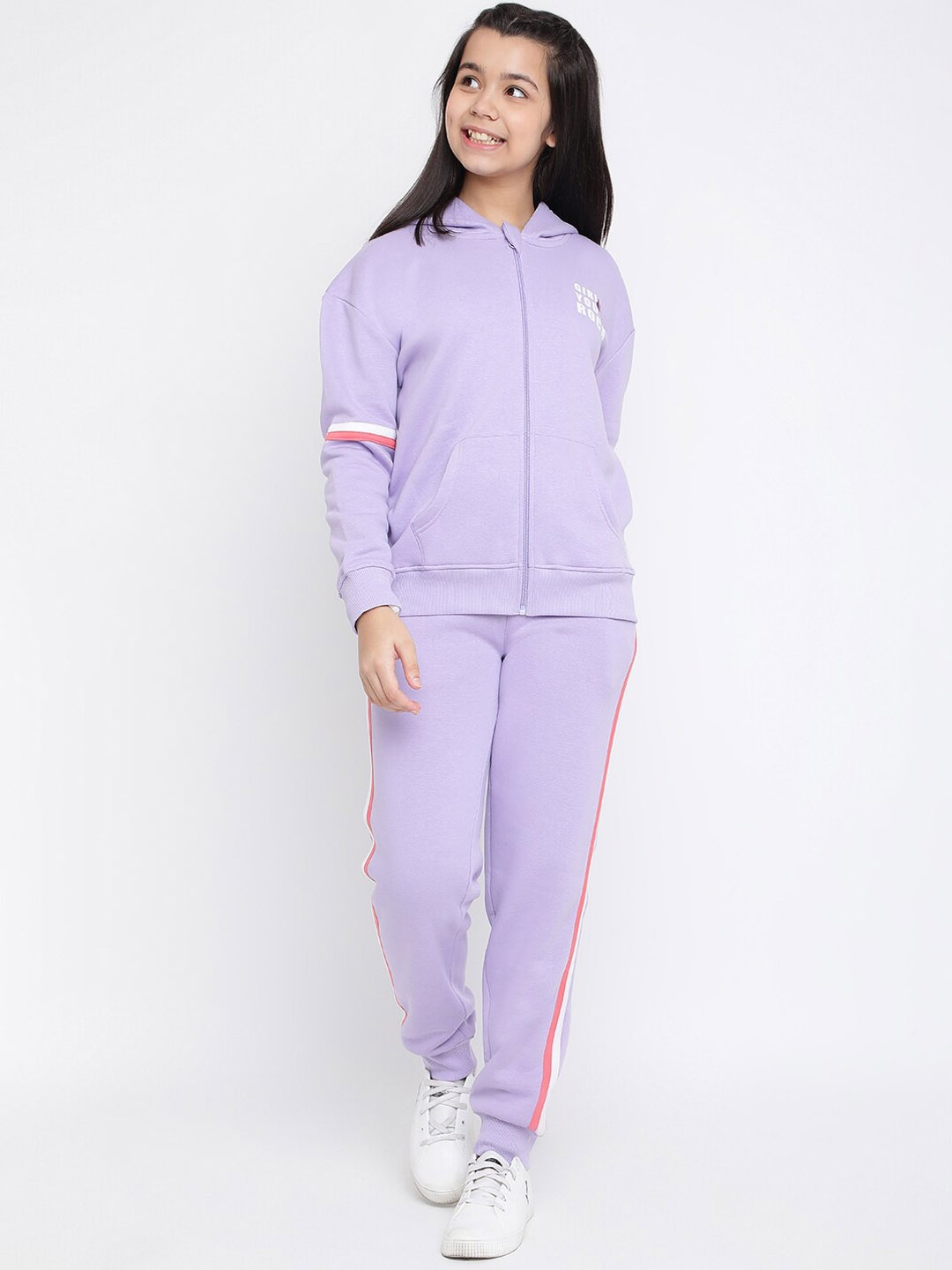 

Lil Tomatoes Girls Purple Typography Printed Tracksuit