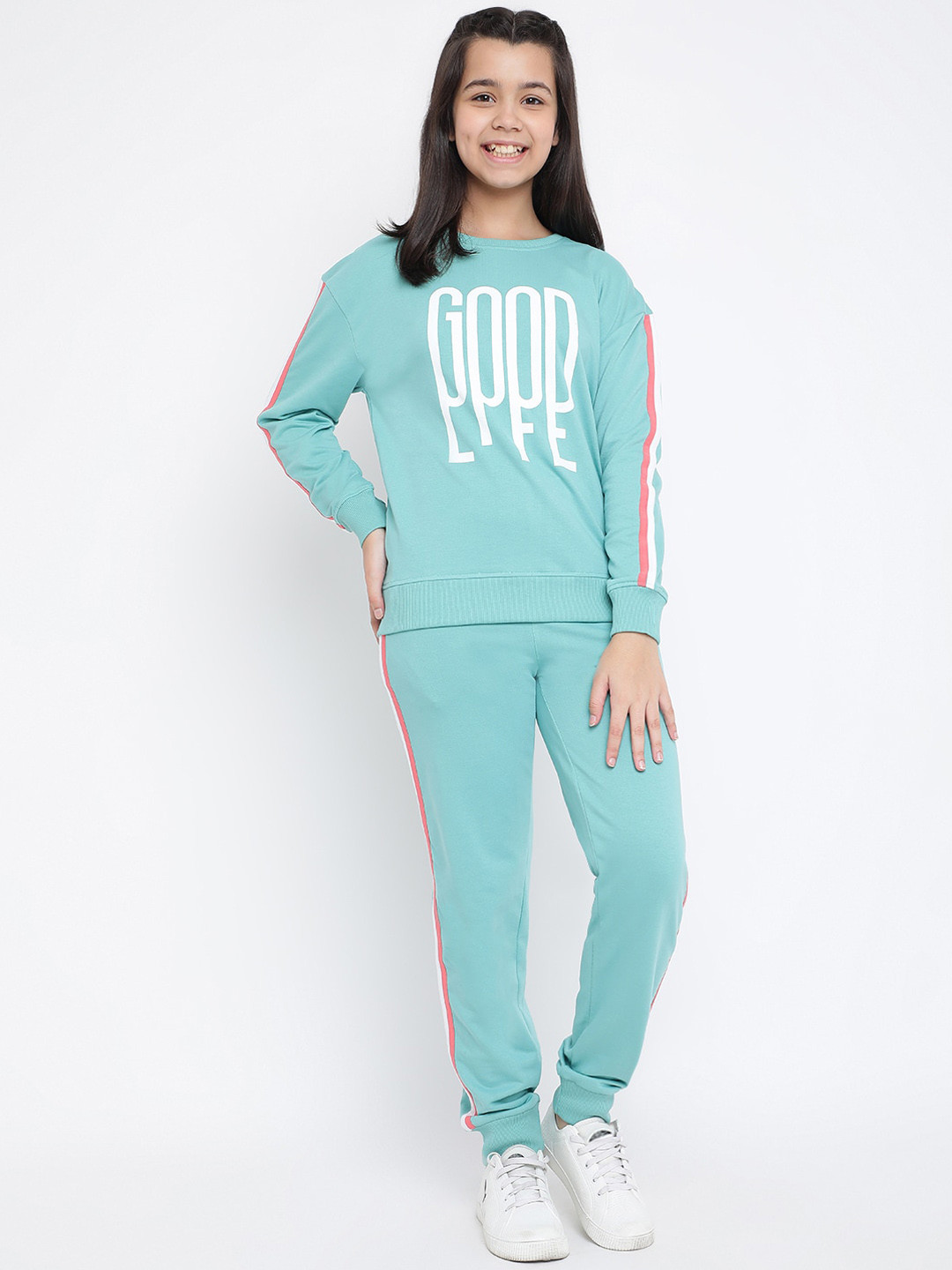 

Lil Tomatoes Girls Sea Green & White Printed Tracksuits