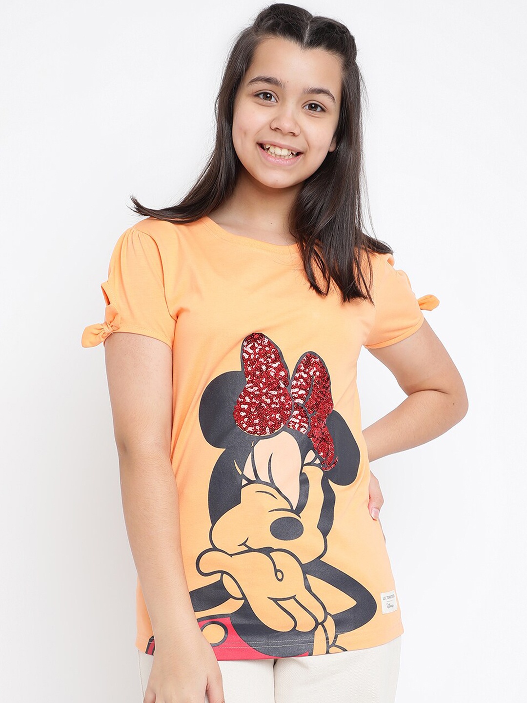 

Lil Tomatoes Girls Peach-Coloured & Black Sequinned Embellished Minnie Mouse Printed Top