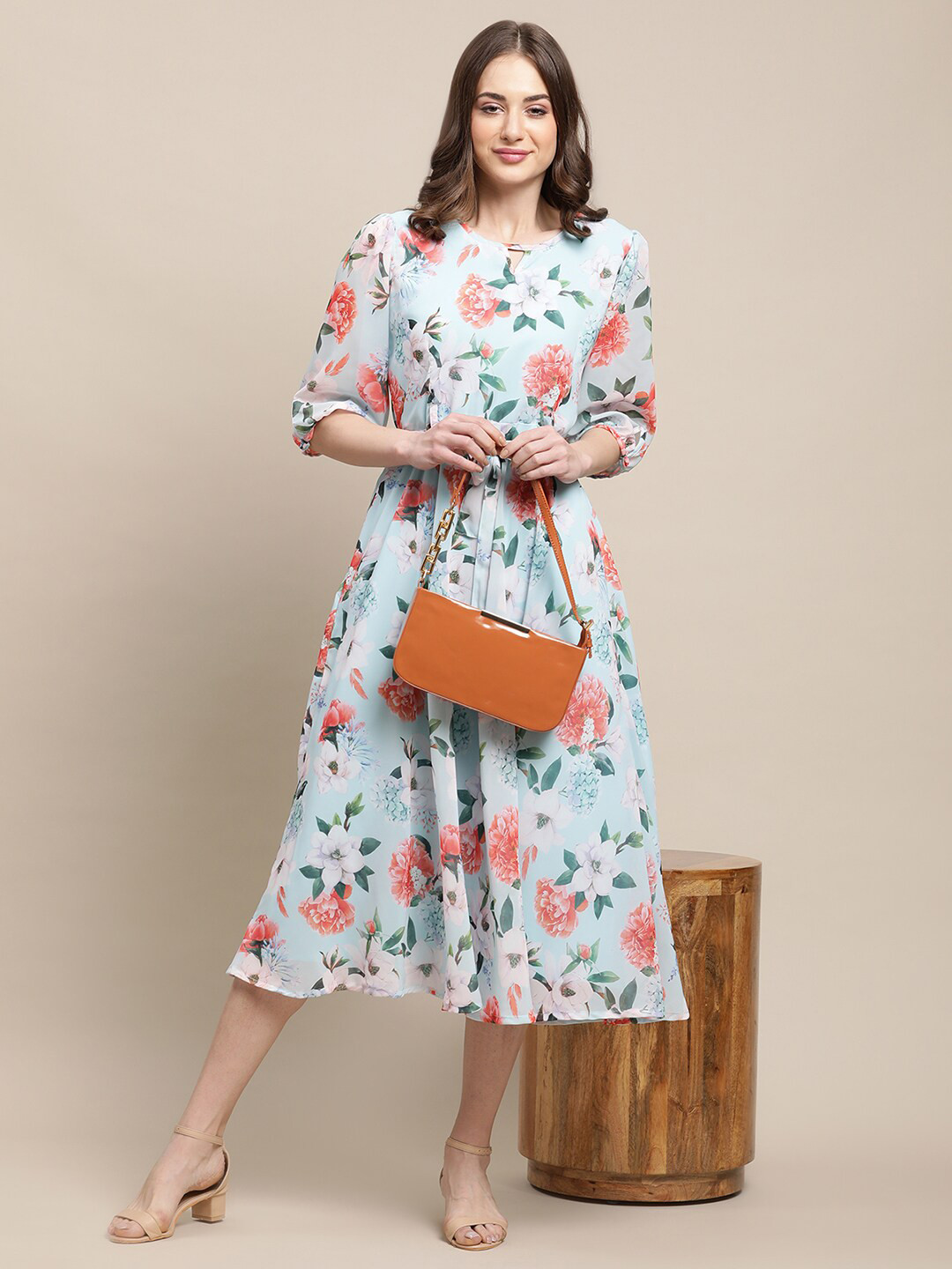

Fabflee Women Blue Floral Keyhole Neck A-Line Midi Dress