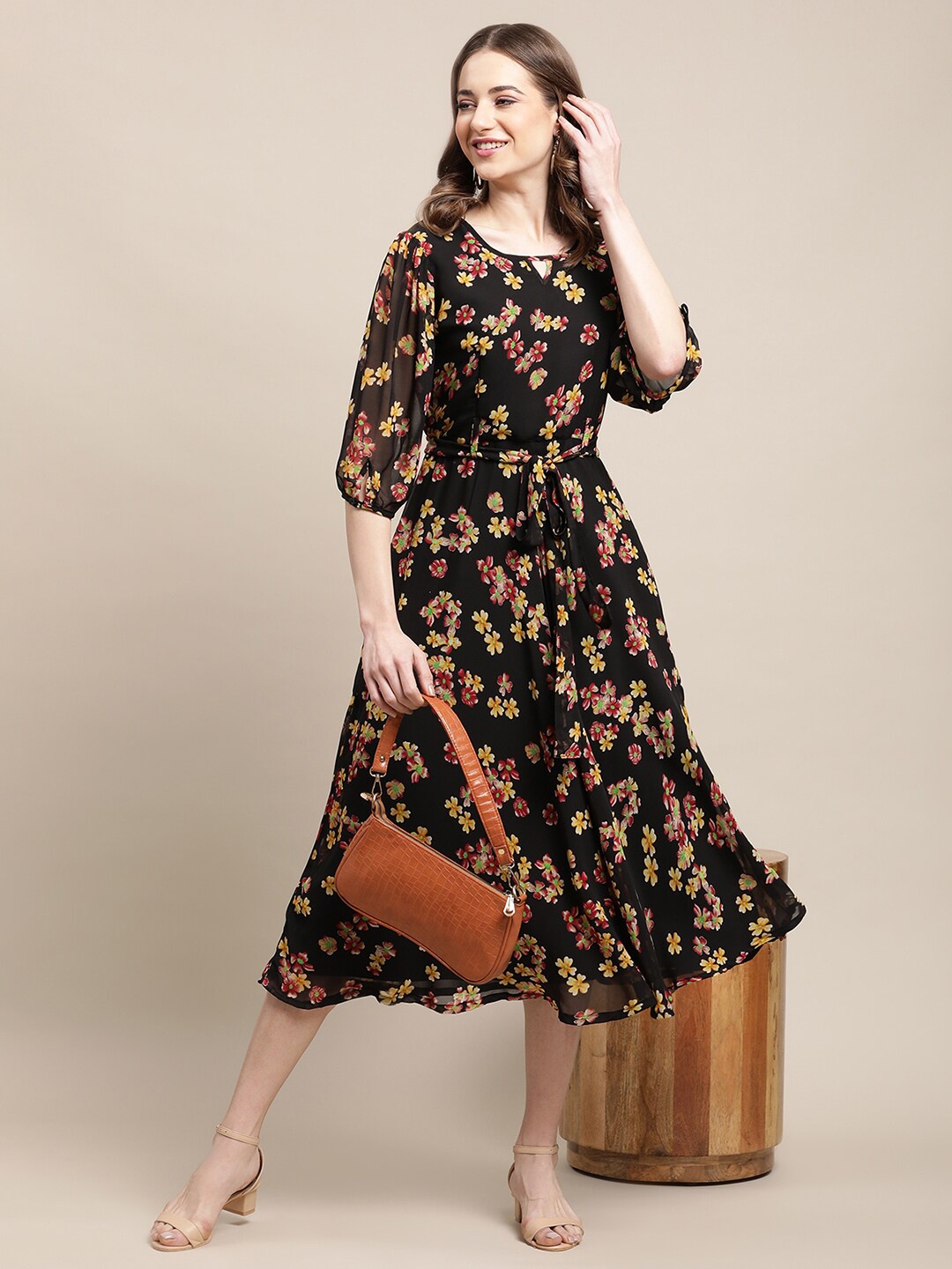 

Fabflee Women Black Floral Keyhole Neck A-Line Midi Dress