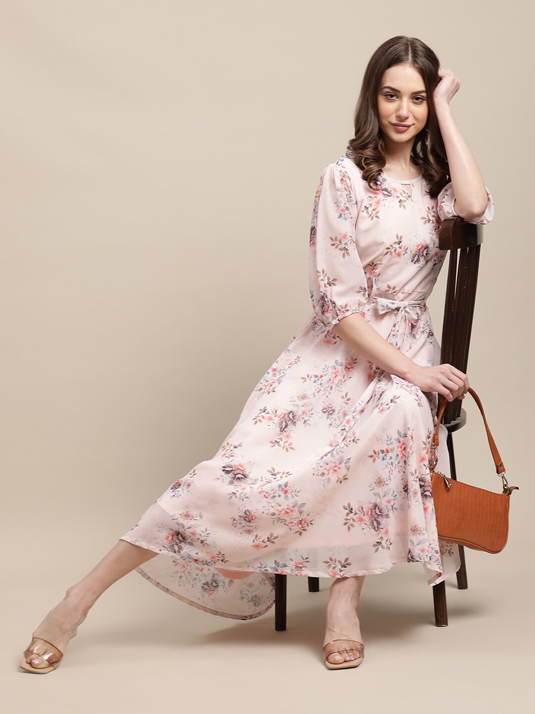 

Fabflee Women Peach Floral Keyhole Neck Midi Dress