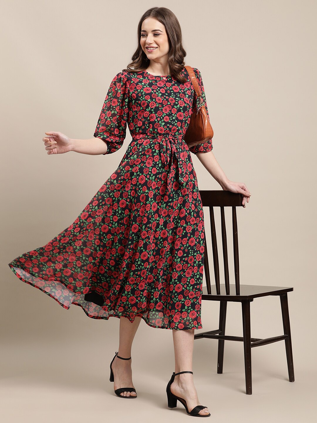 Fabflee Printed Floral Keyhole Neck Midi Dress, Black
