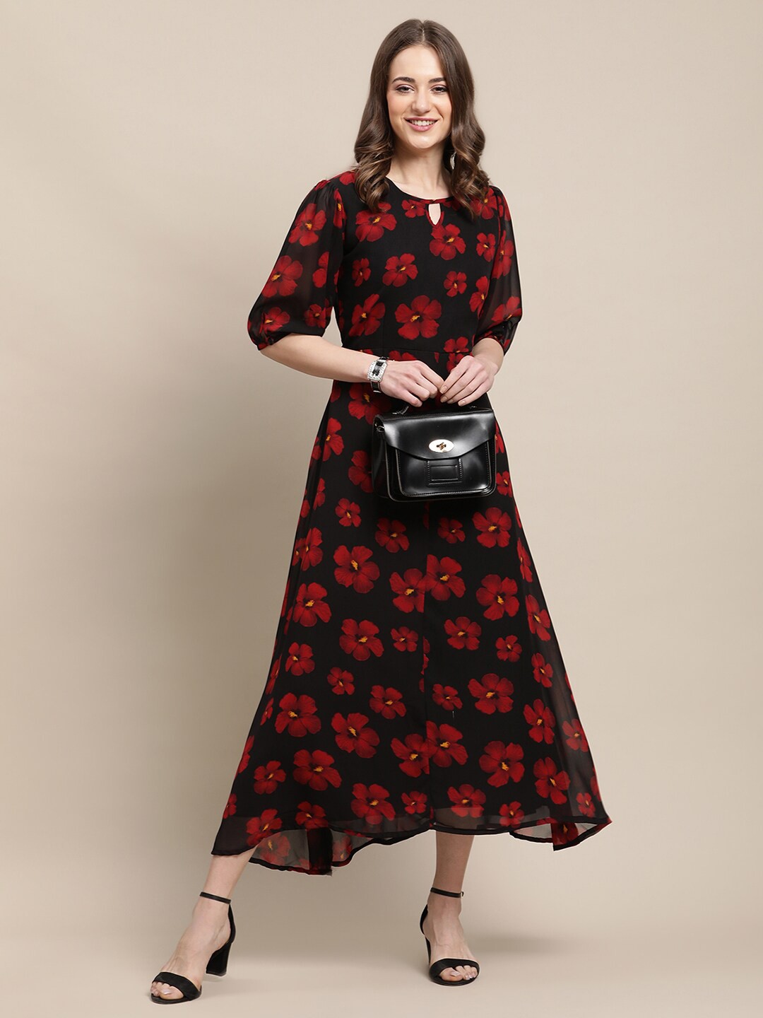

Fabflee Women Black Floral Keyhole Neck A-Line Maxi Dress