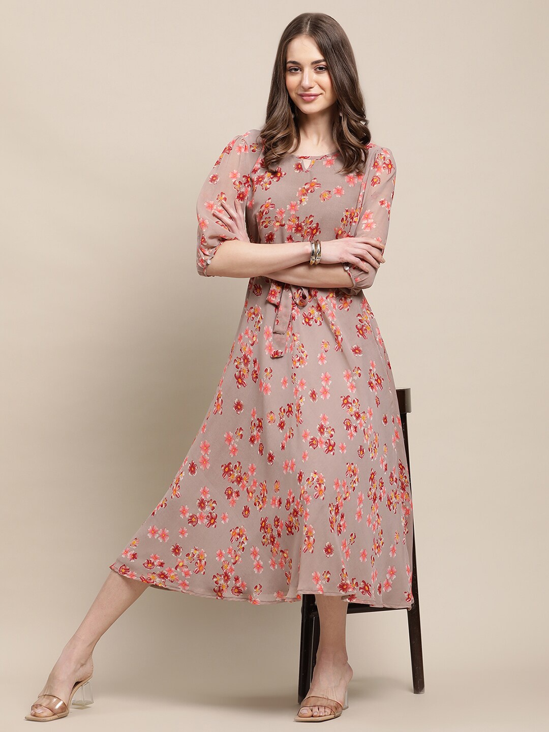 

Fabflee Women Brown Floral Keyhole Neck Midi Dress