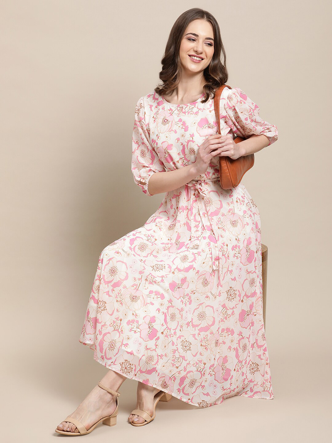 

Fabflee Women White Floral Keyhole Neck Midi Dress