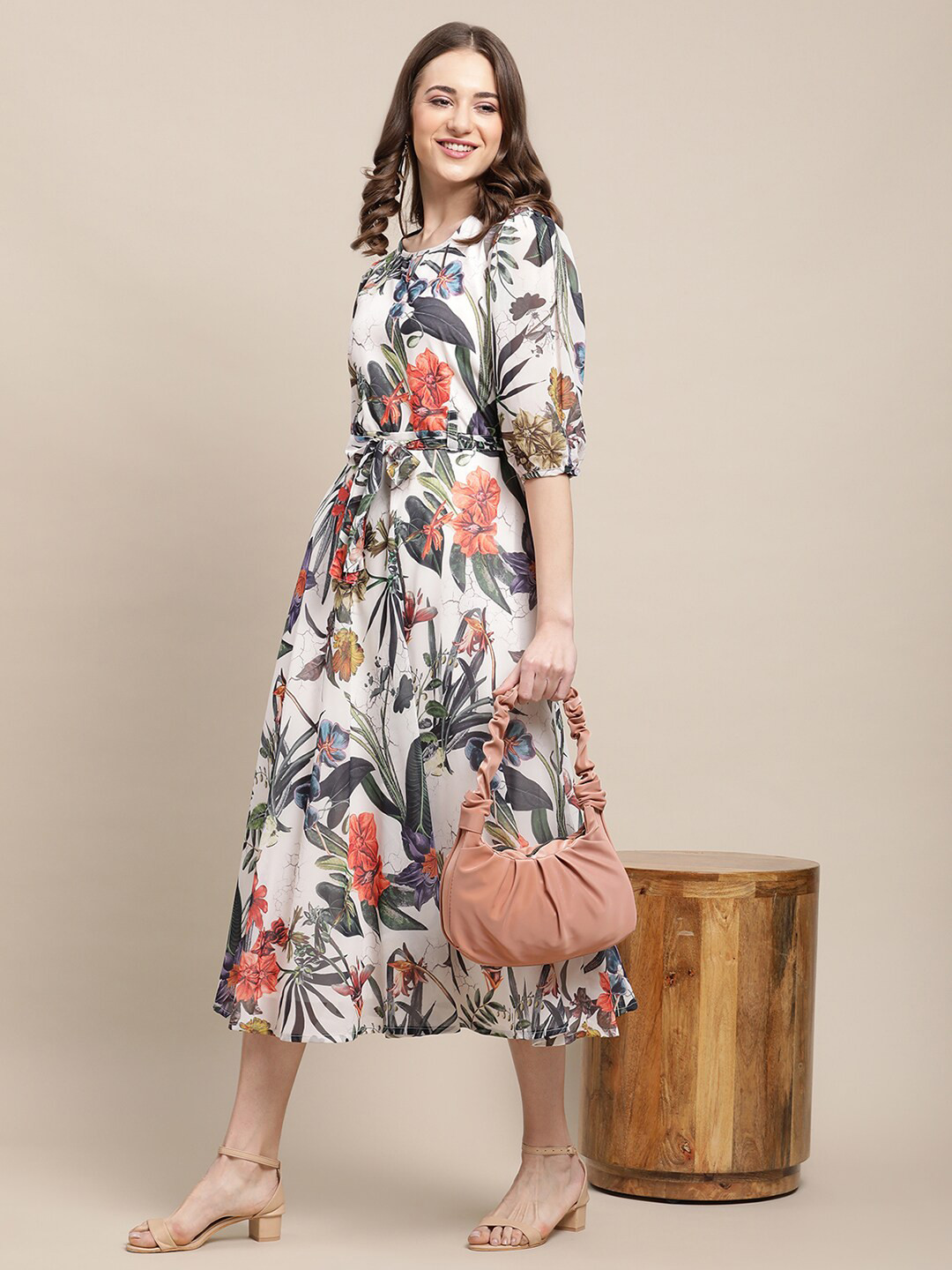 

Fabflee Women Grey Tropical Keyhole Neck Midi Dress