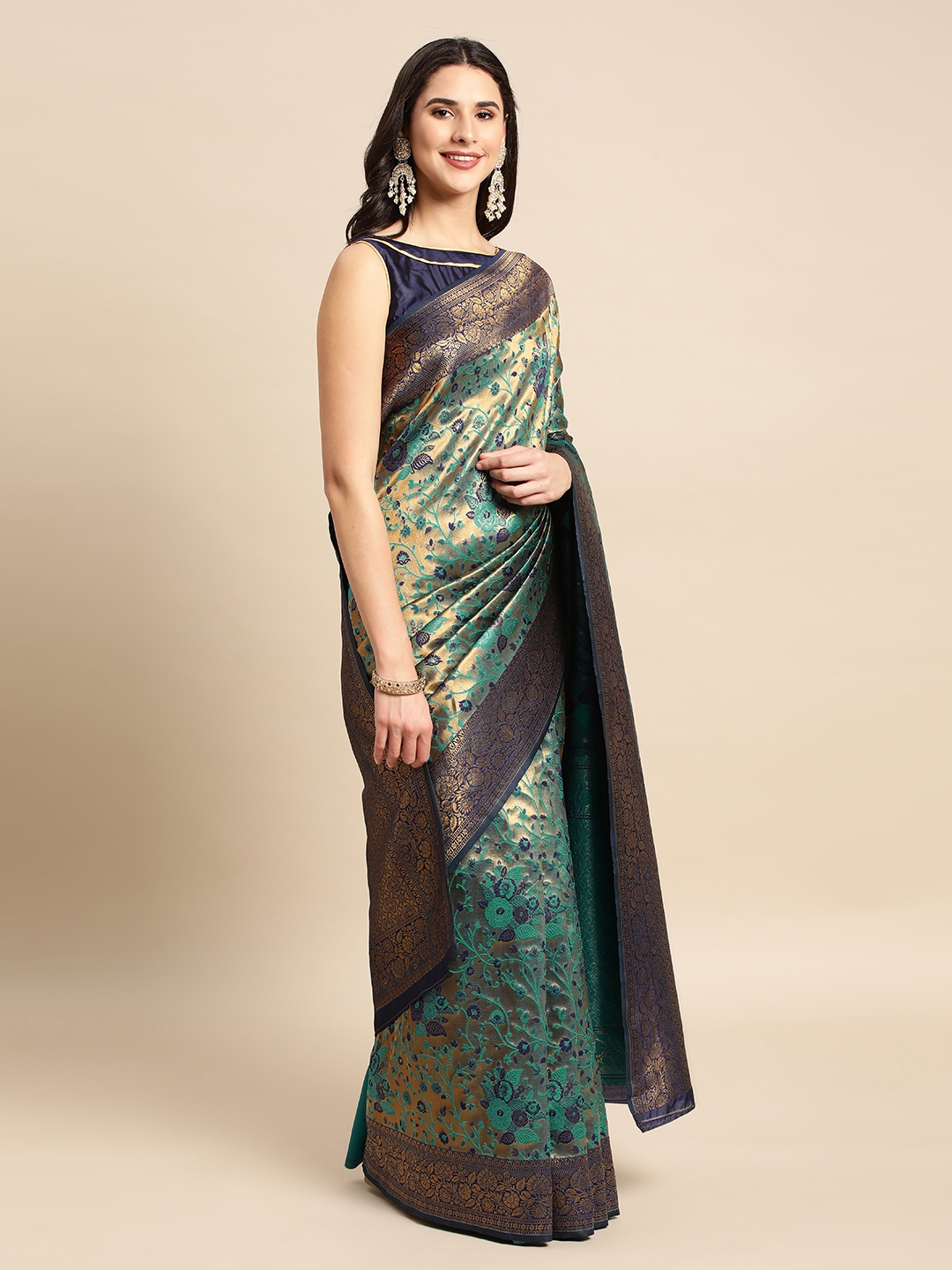 

HERE&NOW Green & Navy Blue Ethnic Motifs Silk Blend Saree